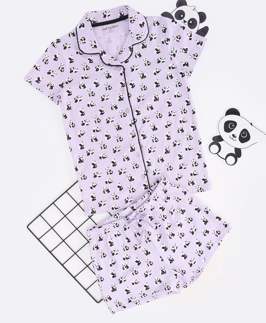 Pantaloons Junior Cotton Knit Half Sleeves Pandas Printed Coordinating Shirt & Shorts Set - Purple-picture-34