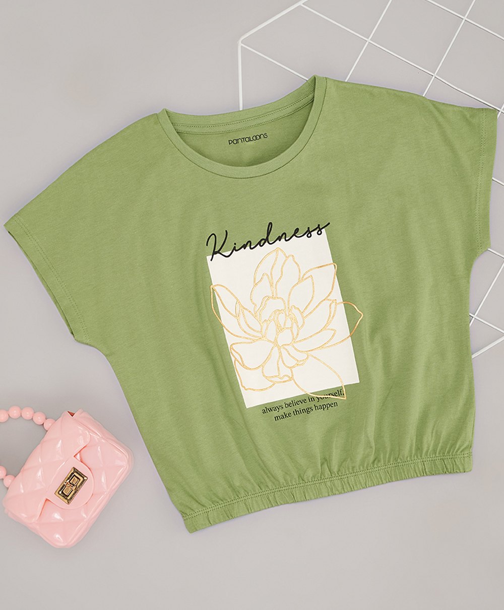 Pantaloons Junior Cotton Half Sleeves Floral Glitter Printed Top - Olive Green-picture-28