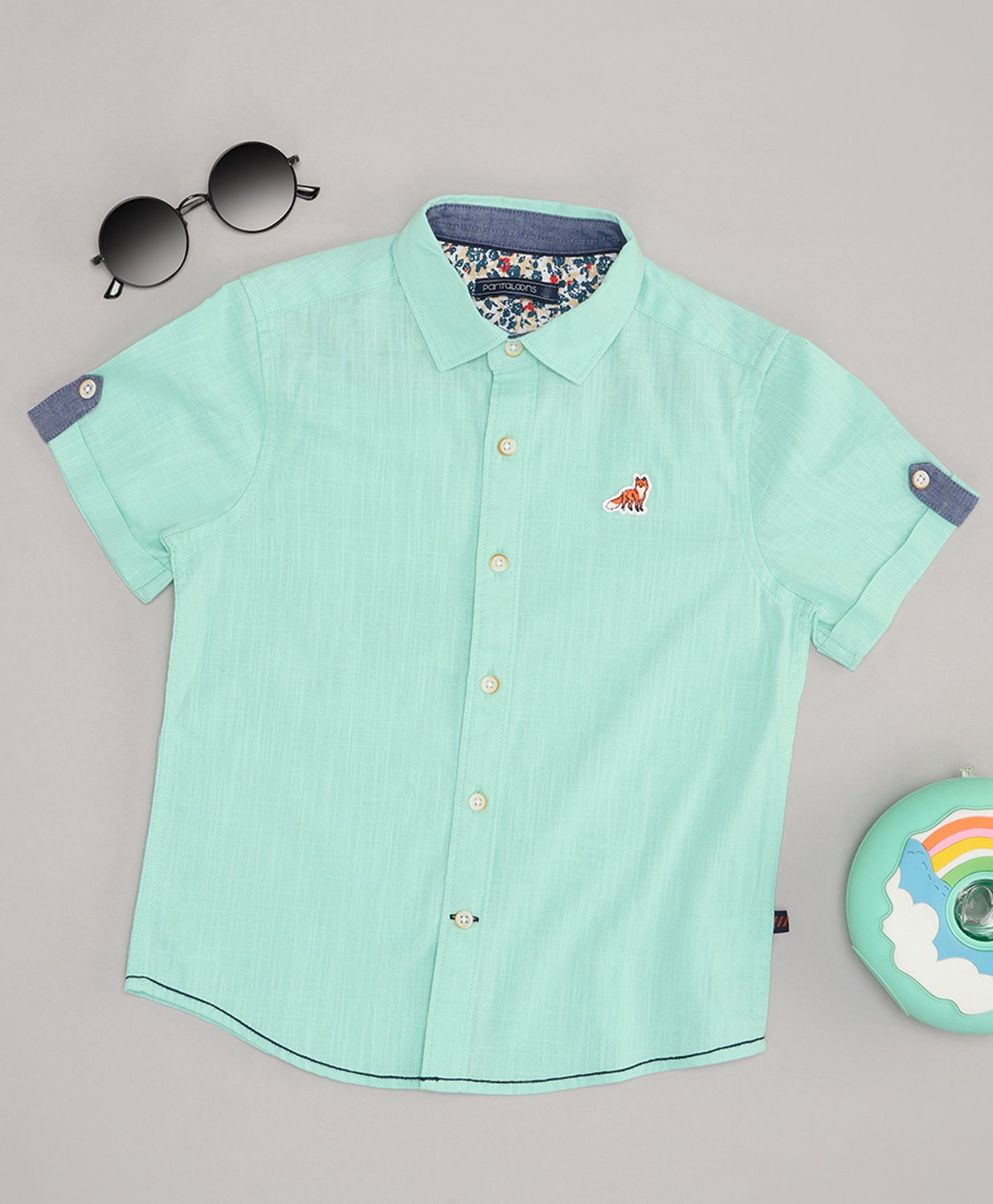 Pantaloons Junior Cotton Linen Half Sleeves Fox Patch Deatiled Shirt - Ice Green-picture-24