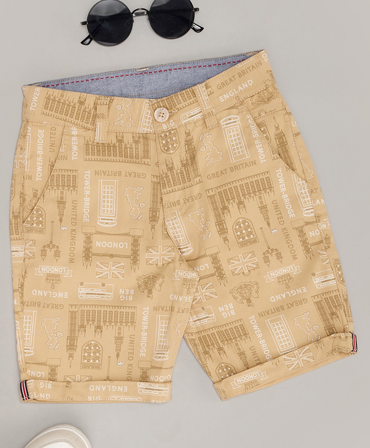 Pantaloons Junior Cotton Spandex Britian Theme Printed Shorts - Beige-picture-34