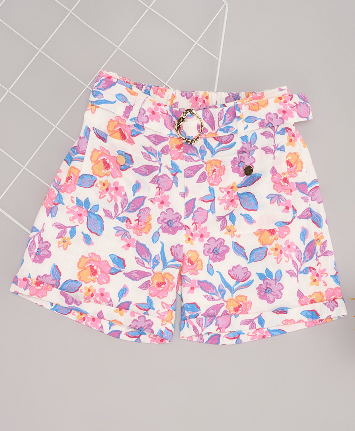 Pantaloons Junior Cotton Floral Printed Shorts With Belt - White-picture-18