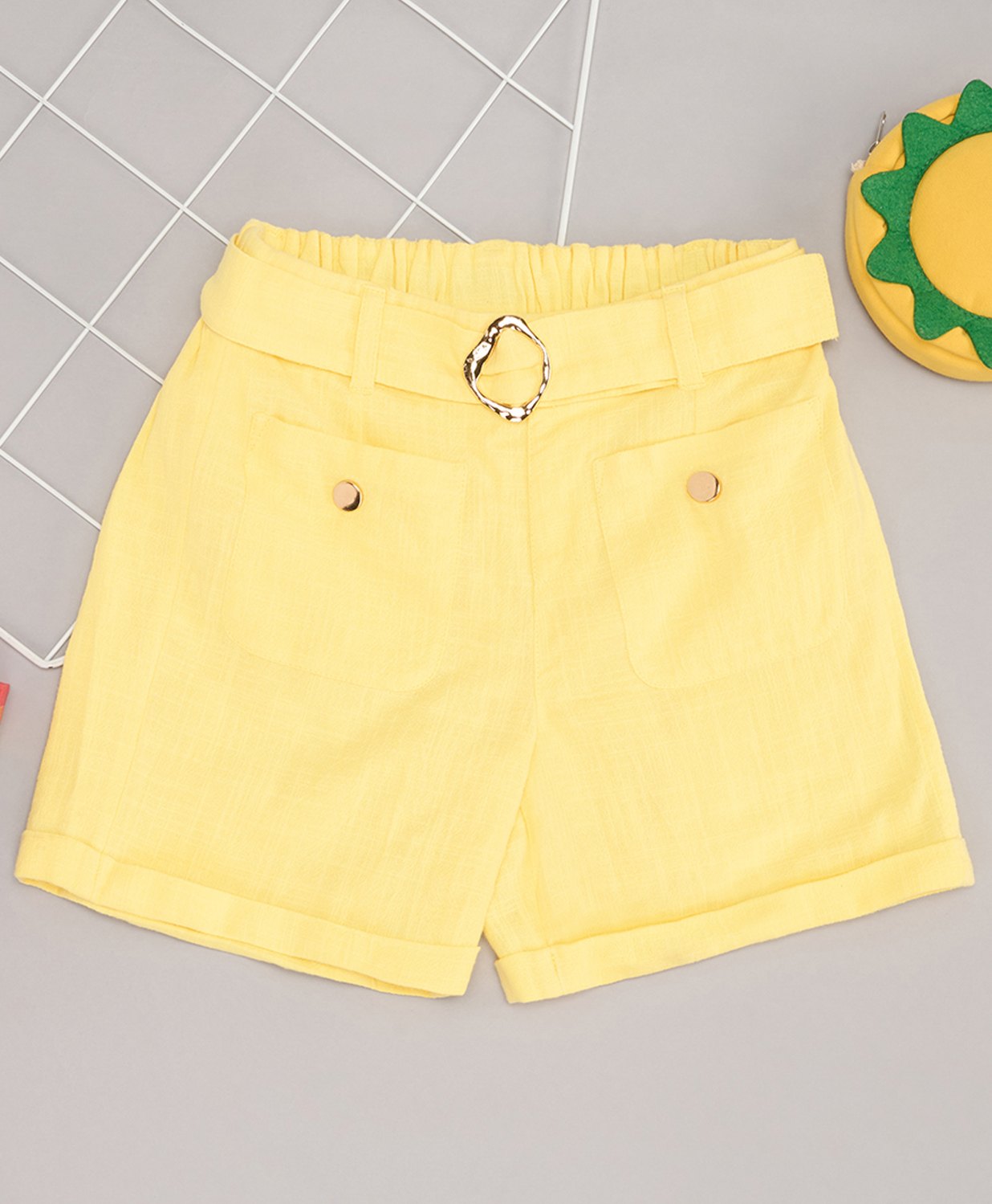 Pantaloons Junior Cotton Solid Shorts With Belt - Yellow-picture-12