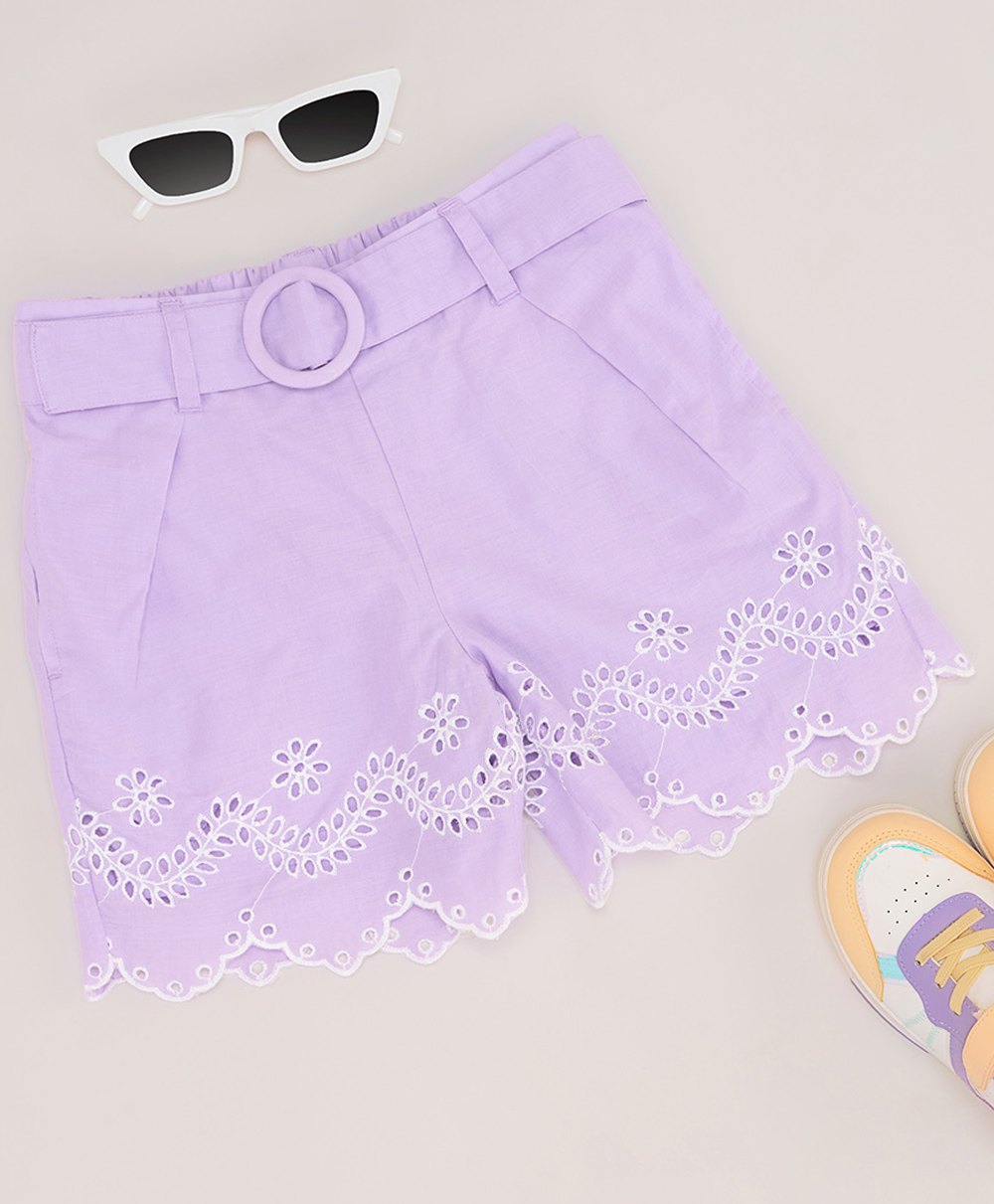 Pantaloons Junior Cotton Floral & Schiffli Embroidered Shorts With Belt - Lilac-picture-28