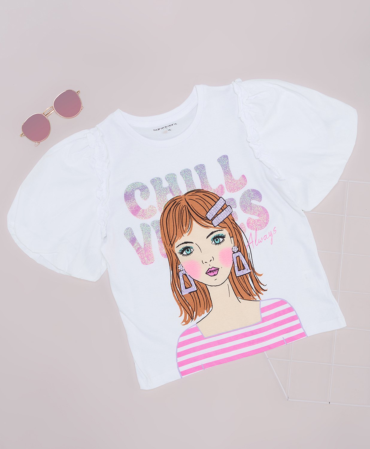 Pantaloons Junior Cotton Half Puffed Sleeves Chill Vibes Text Glitter Printed Top - White-image-22