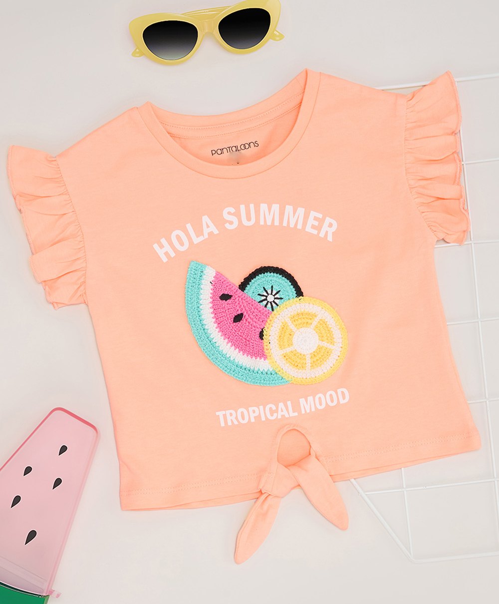 Pantaloons Junior Cotton Frill Sleeves Fruits Embroidered Knotted Top - Peach-picture-16