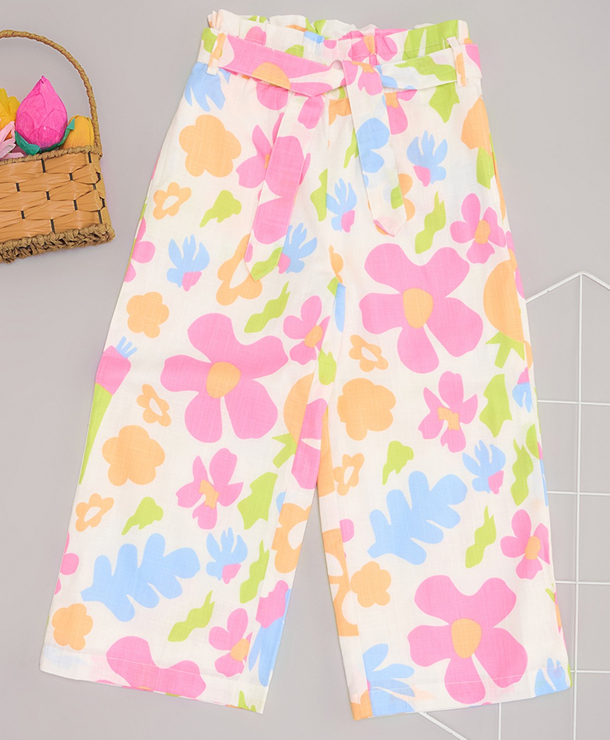 Pantaloons Junior Cotton Floral Printed Pant With Belt - White-picture-14