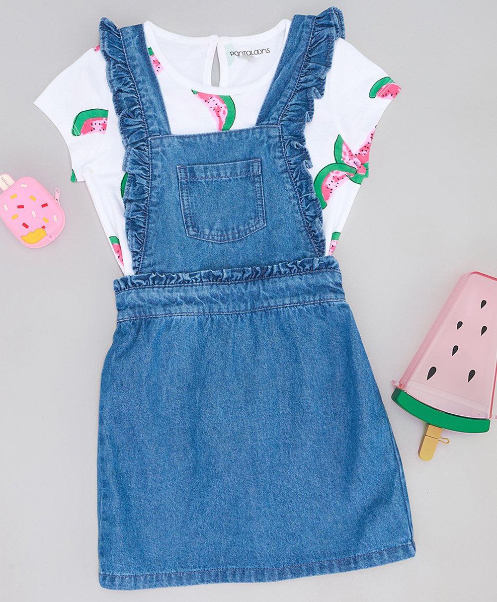 Pantaloons Junior Cotton Denim Solid Dungaree With Half Sleeves Watermelon Printed Tee Set - Blue-picture-41