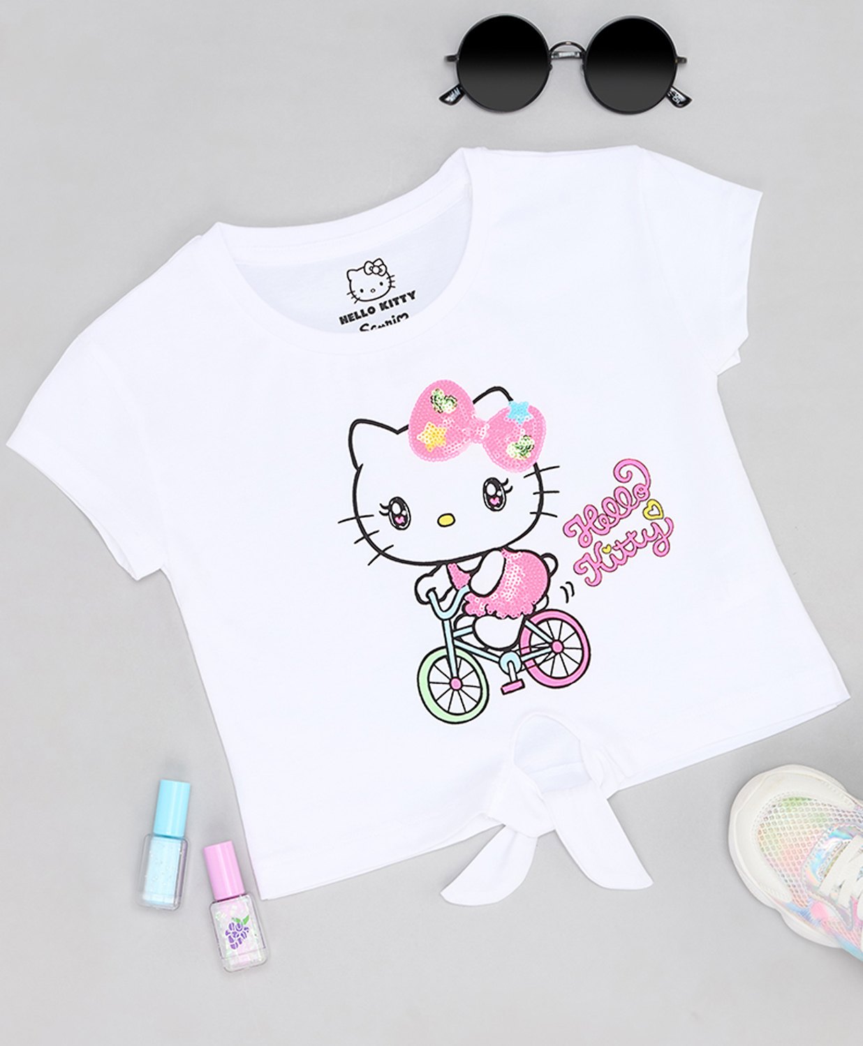 Pantaloons Junior Cotton Hello Kitty Featuring Half Sleeves Character Printed Knotted Top - White-image-7