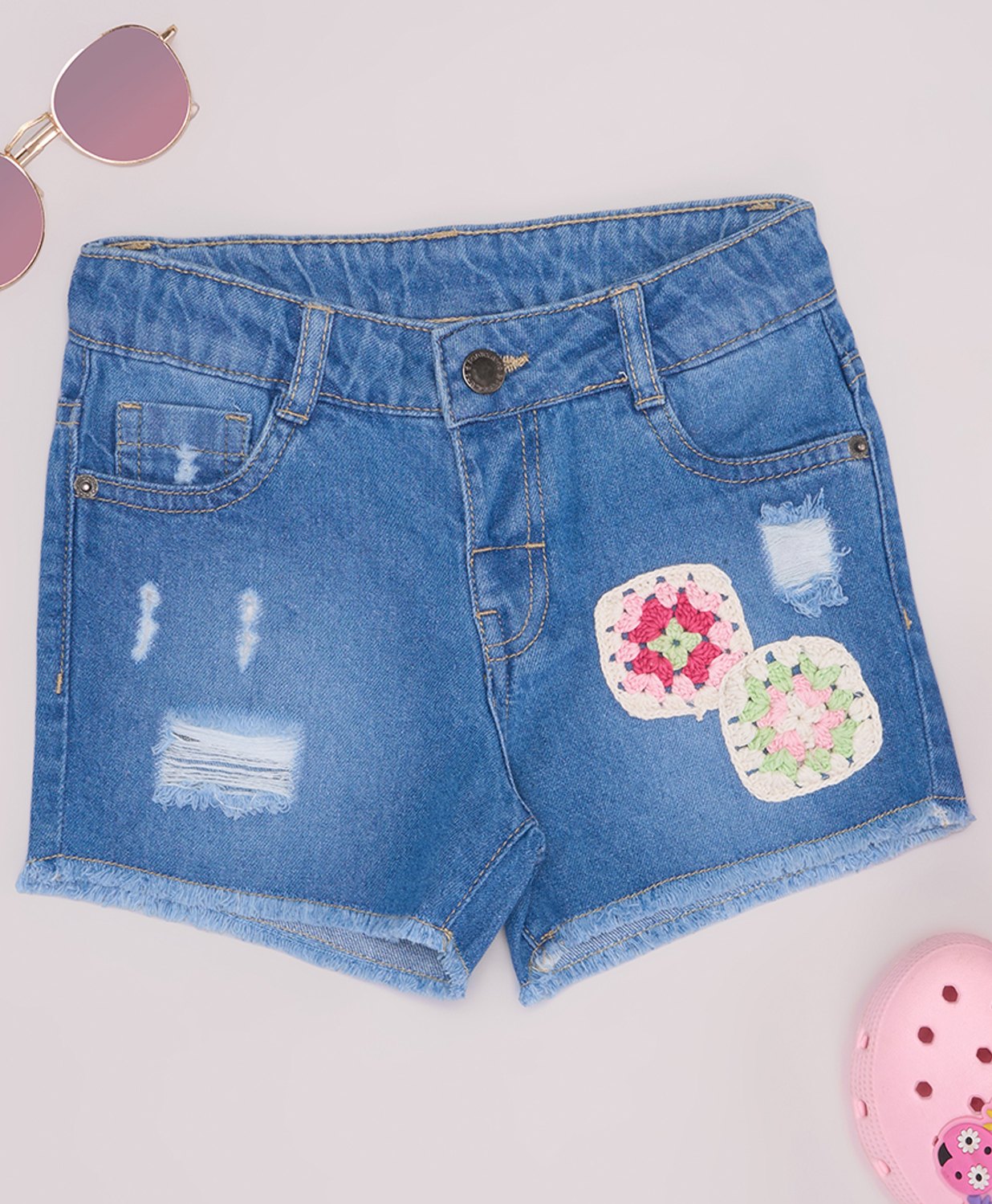Pantaloons Junior Cotton Crotchet Applique Detailed Distressed Shorts - Blue-picture-25