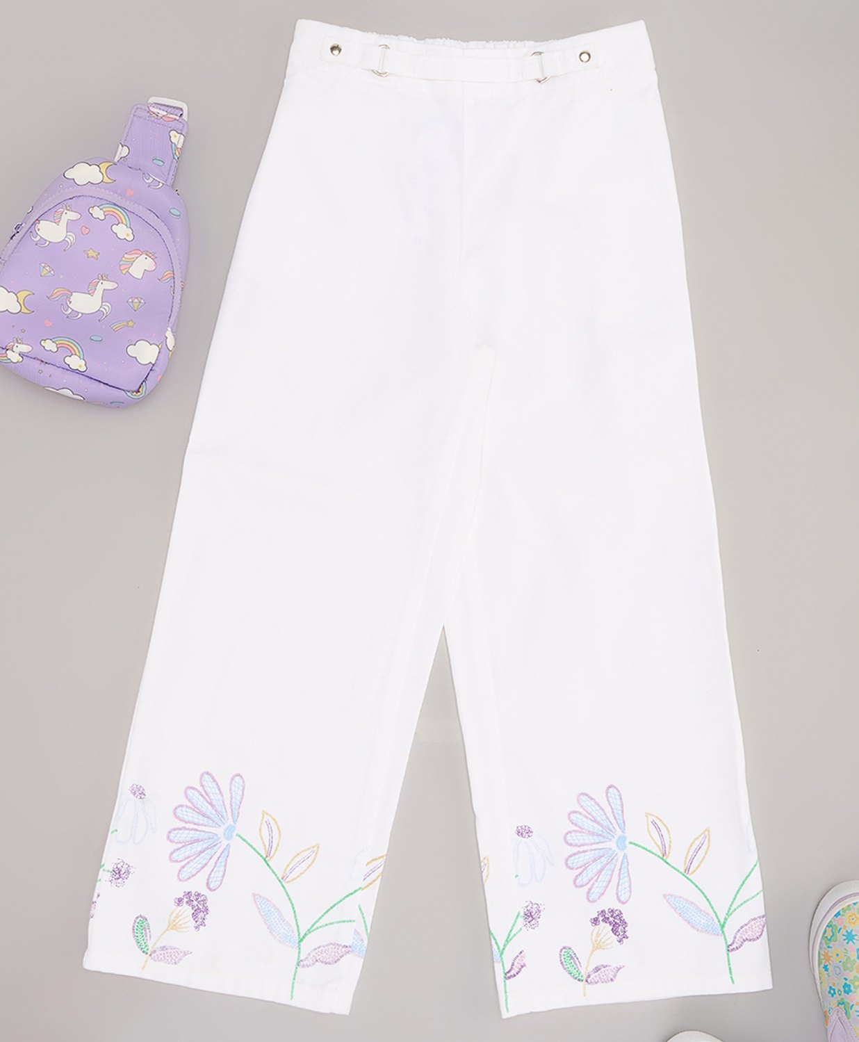 Pantaloons Junior Cotton Floral Embroidered Trousers - White-picture-25