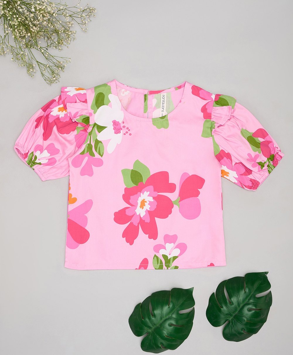 Pantaloons Junior Cotton Half Puffed Sleeves Floral Printed Top - Pink-picture-27