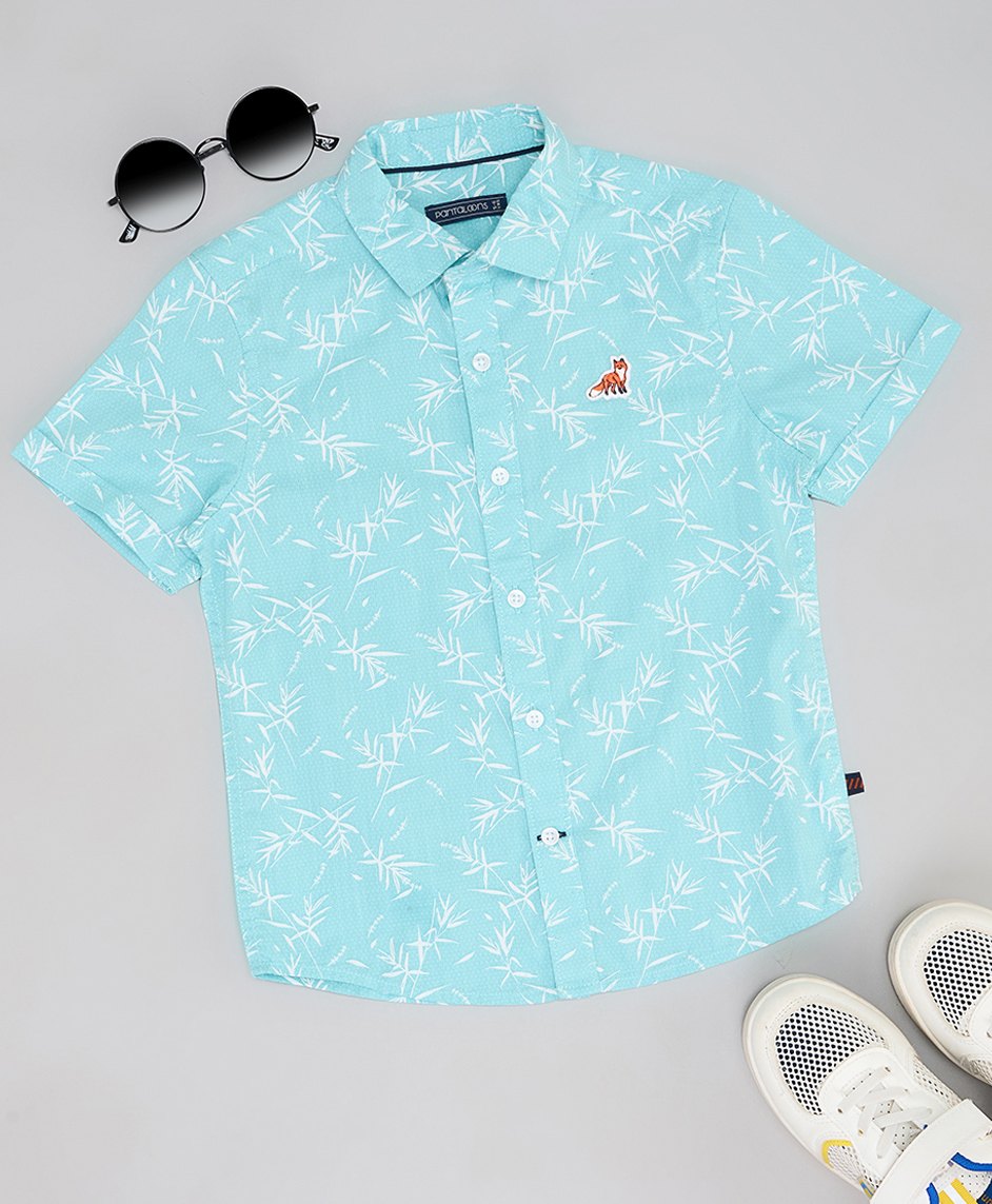 Pantaloons Junior Cotton Half Sleeves Grass Printed Shirt - Aqua Blue-picture-28