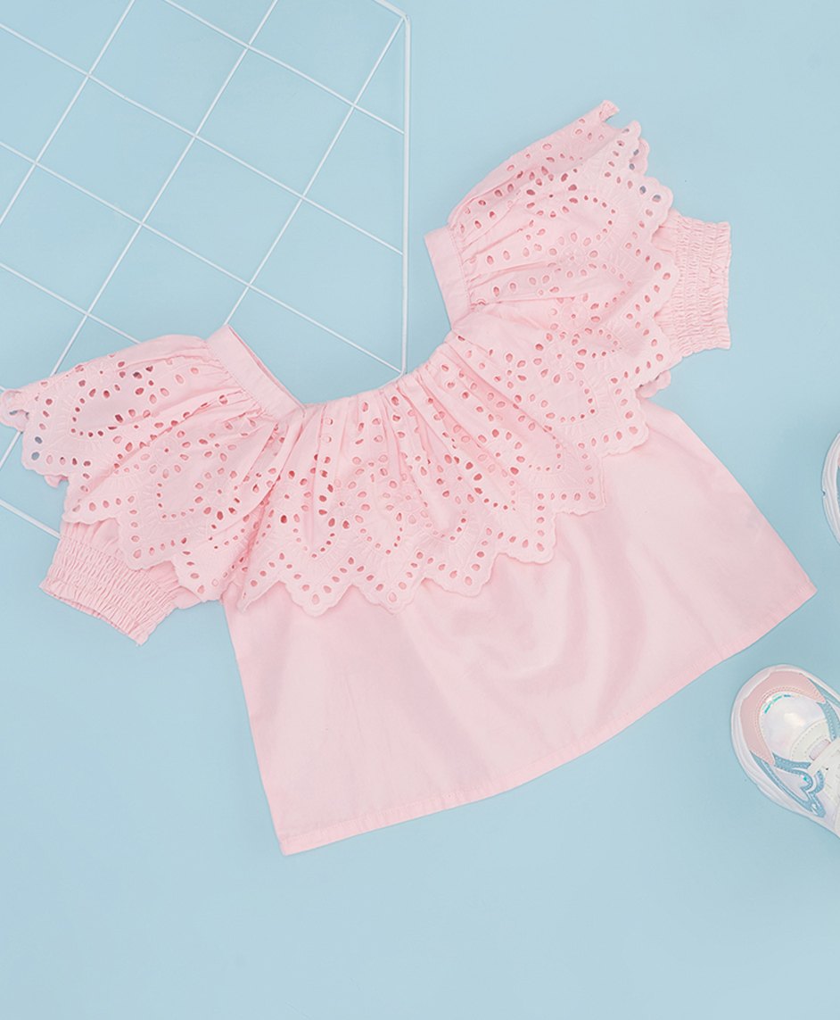 Pantaloons Junior Cotton Half Sleeves Floral Schiflli Embroidered Top - Pink-picture-34