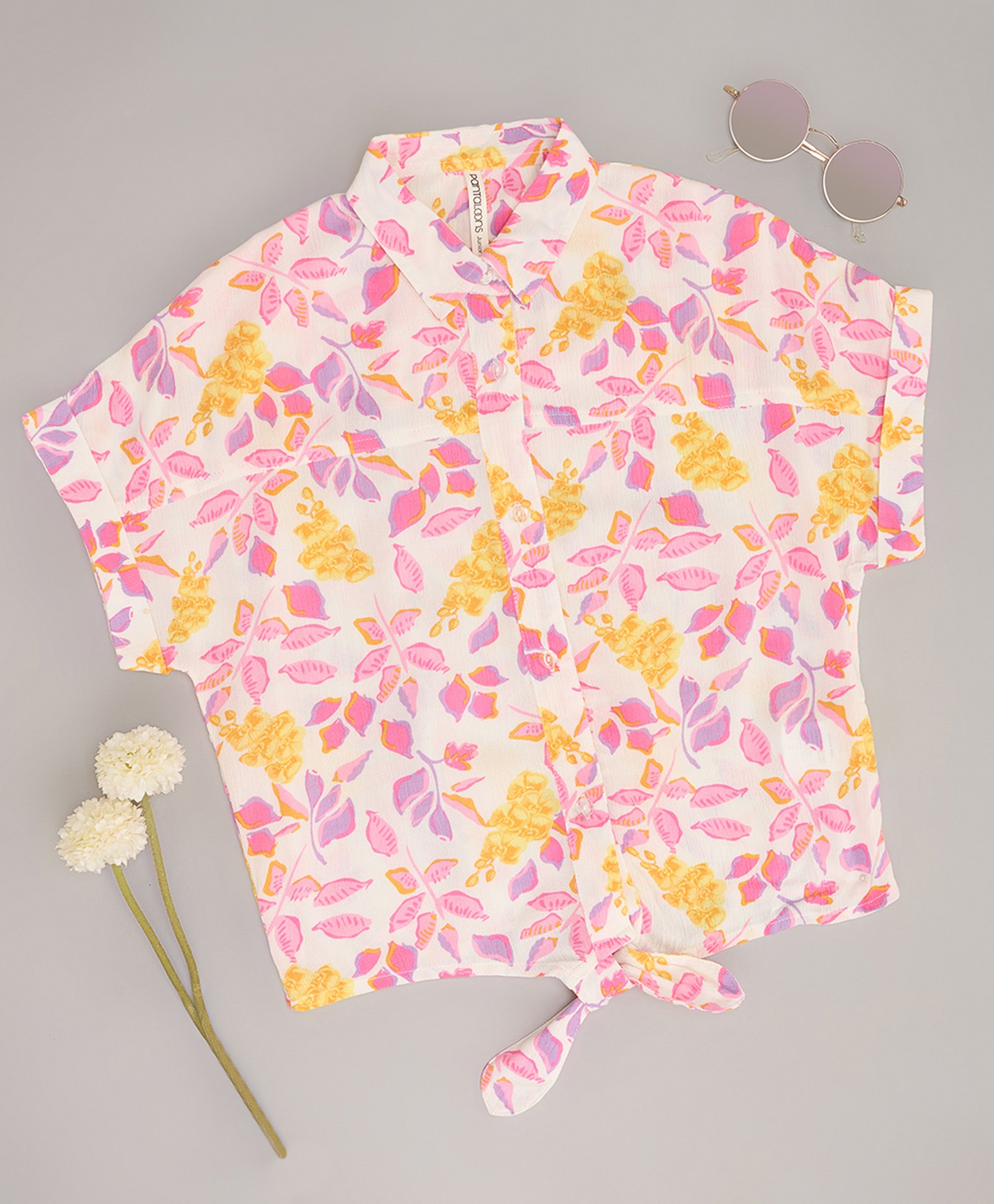 Pantaloons Junior Viscose Half Sleeves Leaves Printed Shirt Style Knotted Top - Multi Colour-picture-21
