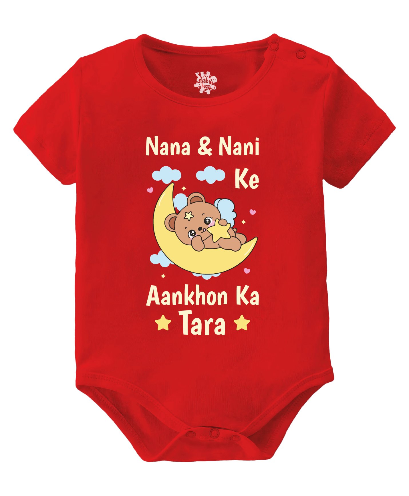 Baby Buzz 100% Cotton Half Sleeves Nana & Nani Ke Aankhon Ka Tara Text Printed Onesie - Red-image-10