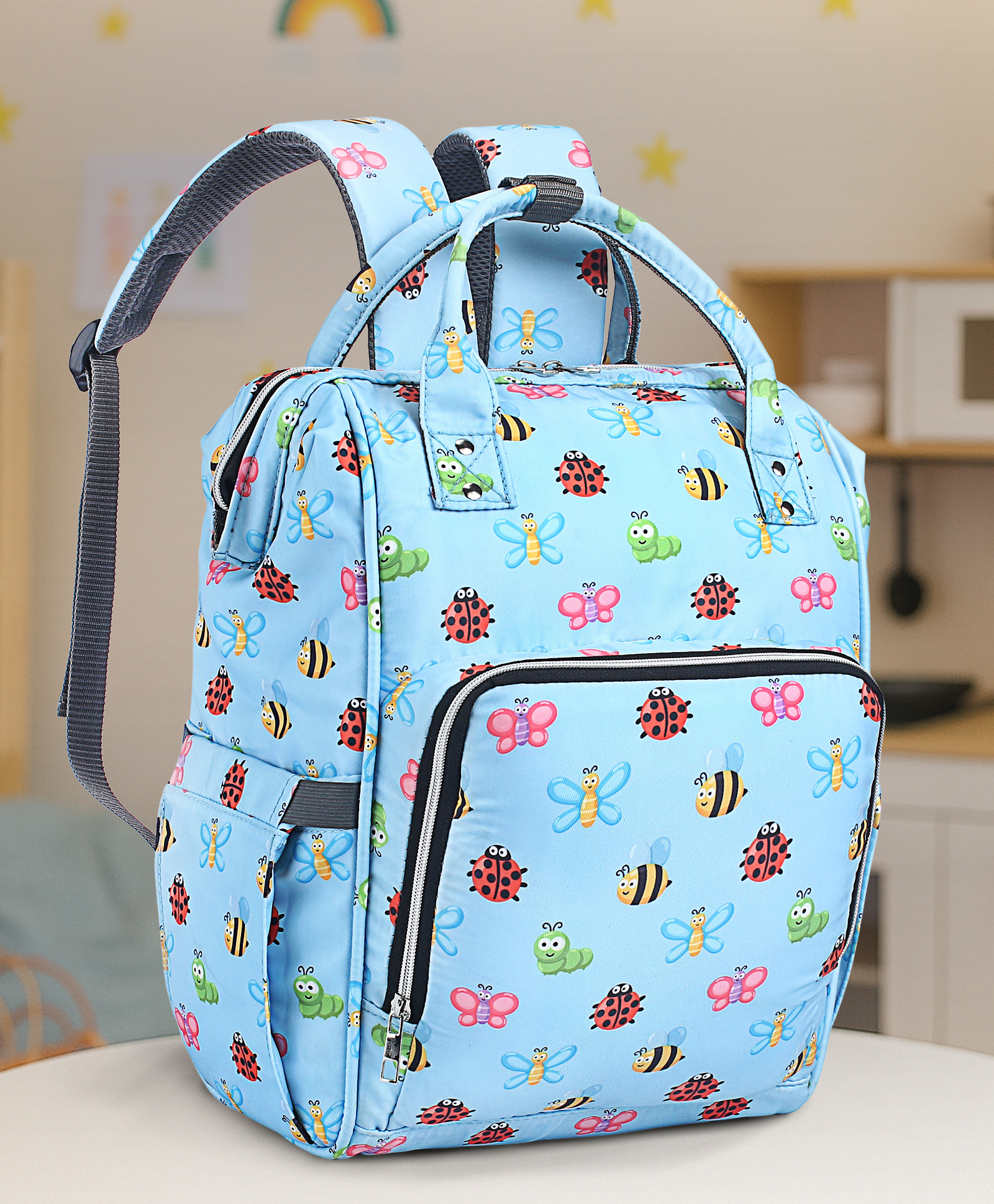 fab n funky Multipurpose Spacious Diaper Backpack With Baby Bugs Print - Blue-picture-16
