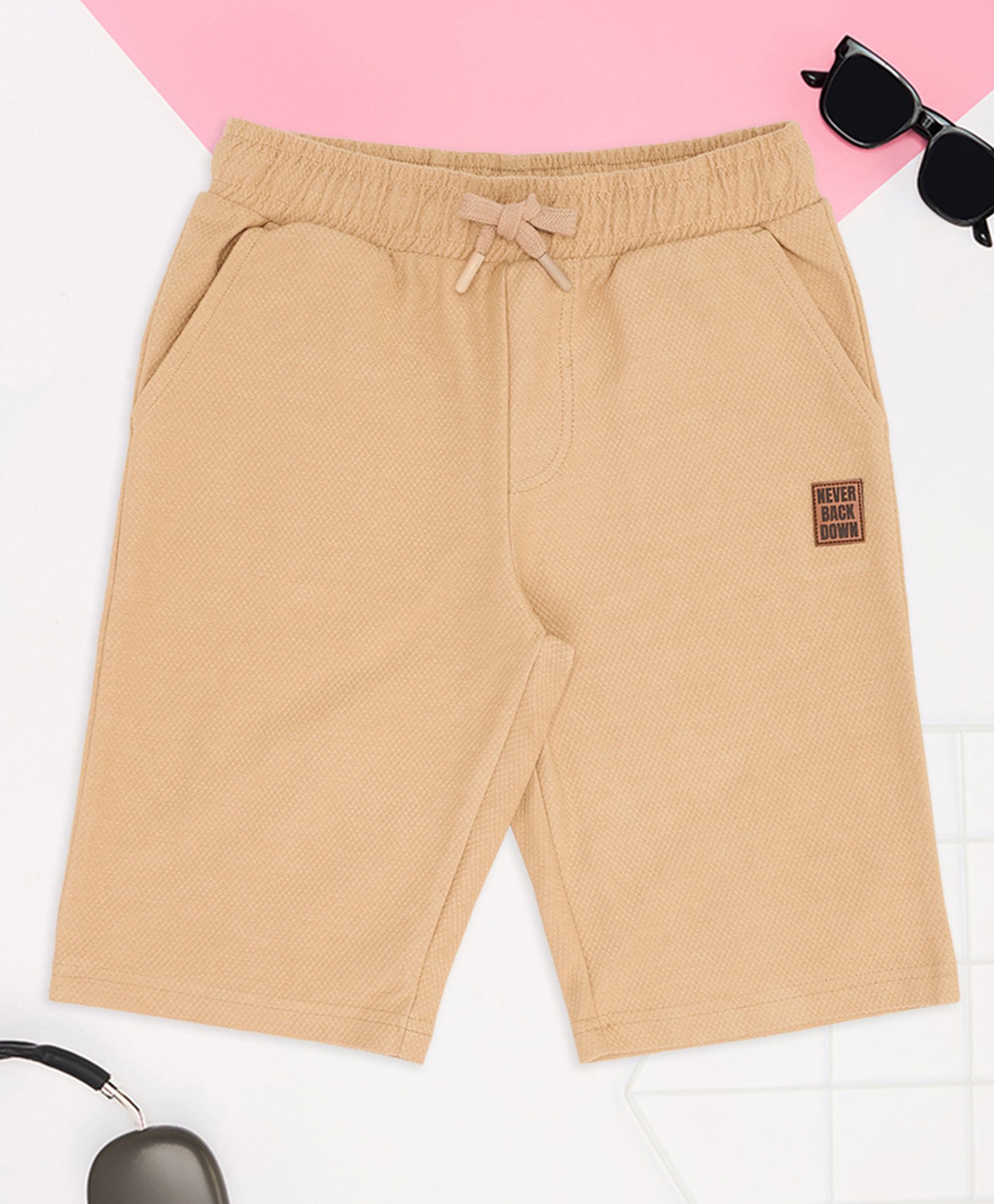 Pantaloons Junior Cotton Never Back Down Text Patch Detailed Shorts - Beige-picture-21