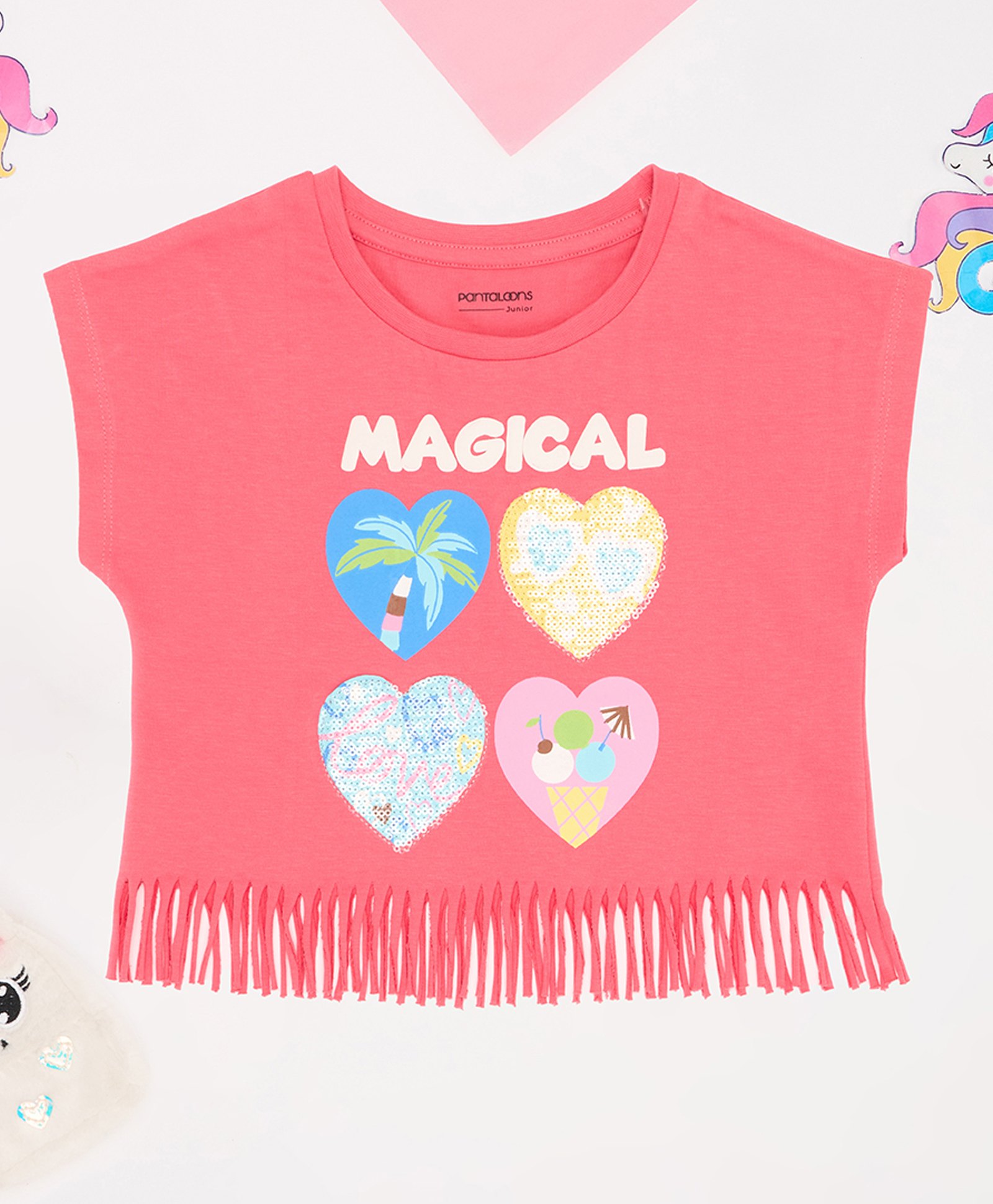 Pantaloons Junior Cotton Half Sleeves Hearts Printed Sequins Embellished Top - Coral-picture-19