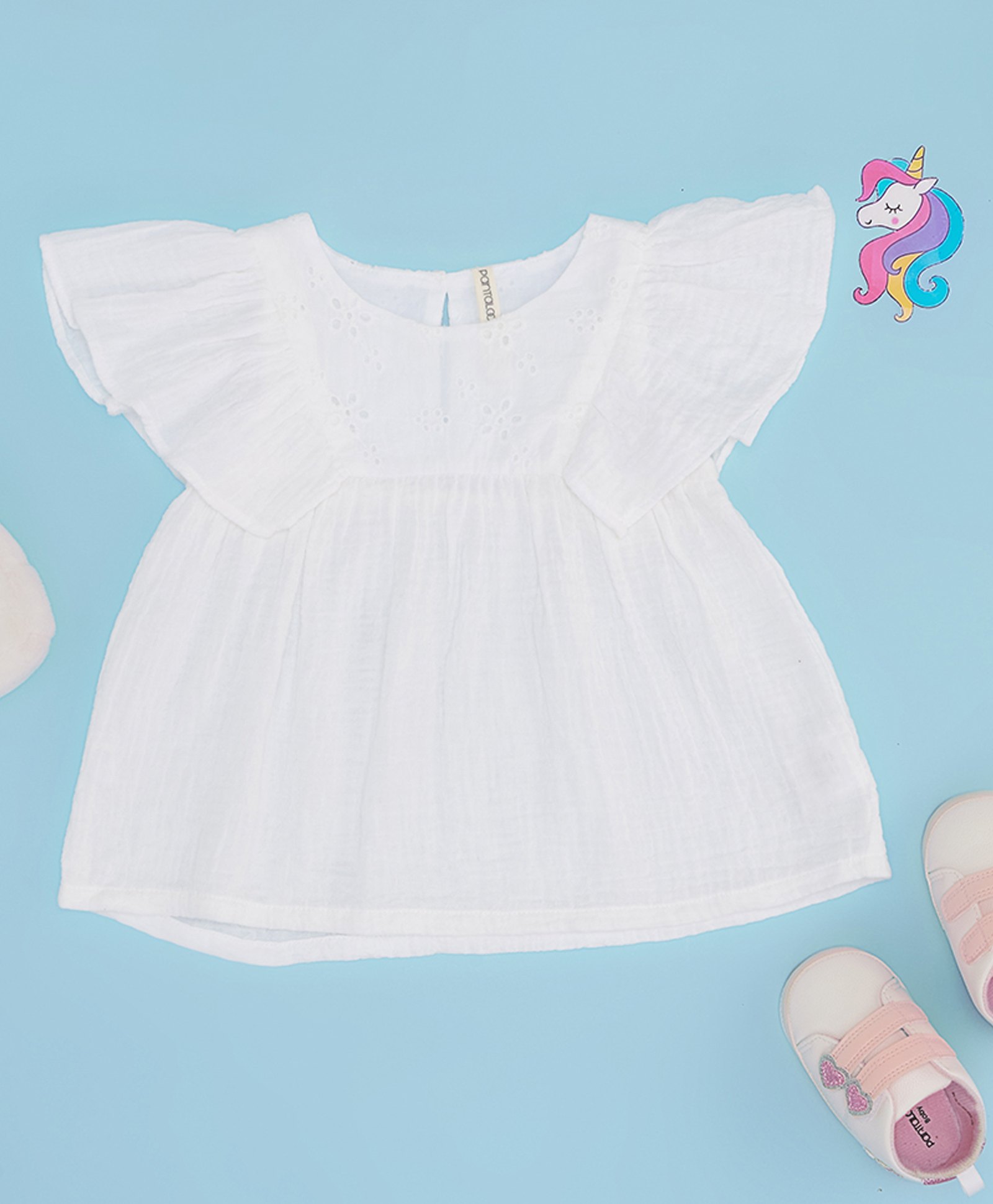 Pantaloons Baby Cotton Half Flutter Sleeves Floral Schiffli Embroidered Top - White-image-46
