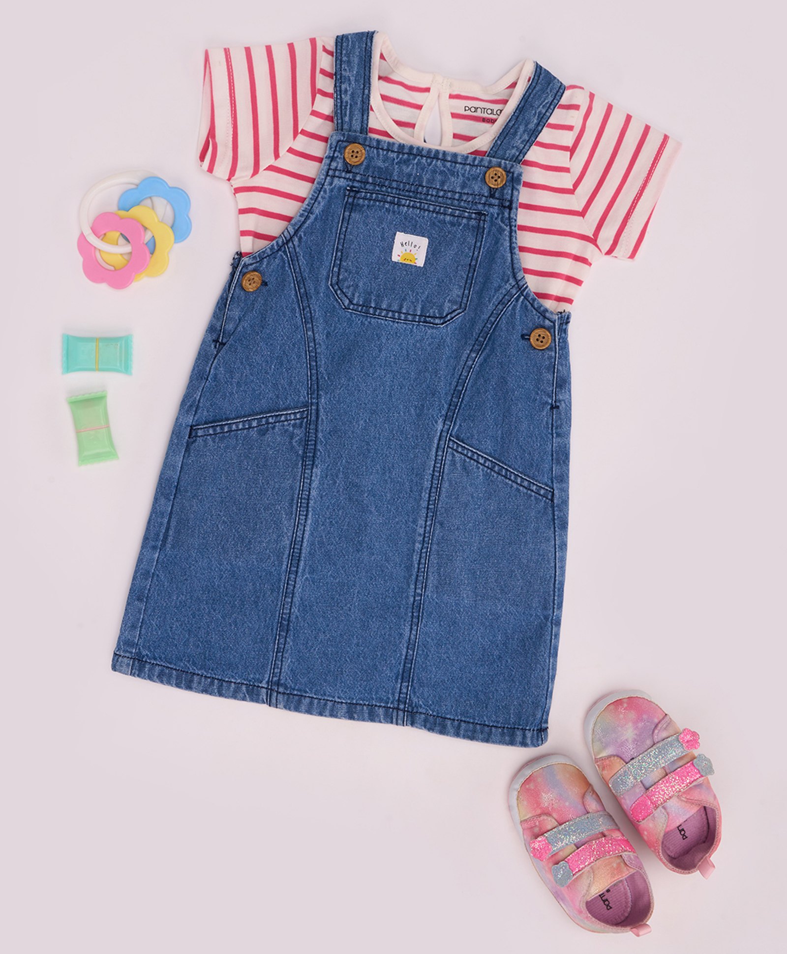 Pantaloons Baby Denim Solid Dungaree With Half Sleeves Striped Tee - Bright White & Blue