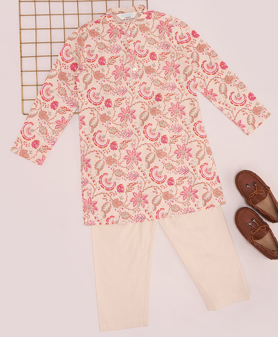 Indus Route by Pantaloons Cotton Full Sleeves Floral Printed Kurta Pyjama Set - Coral-picture-16