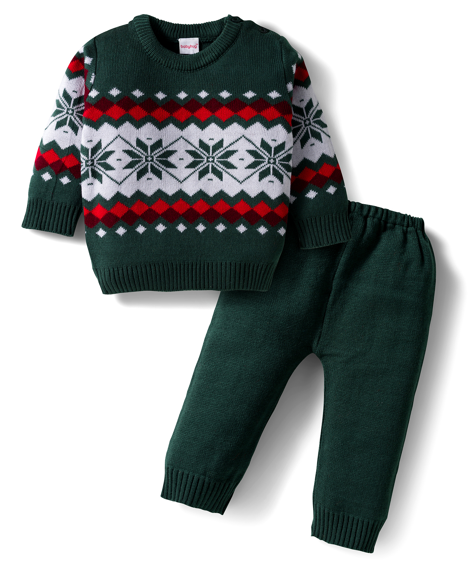Babyhug Knit Full Sleeves Pullover Sweater & Pant Set with Aztec Design - Olive Green-image-46