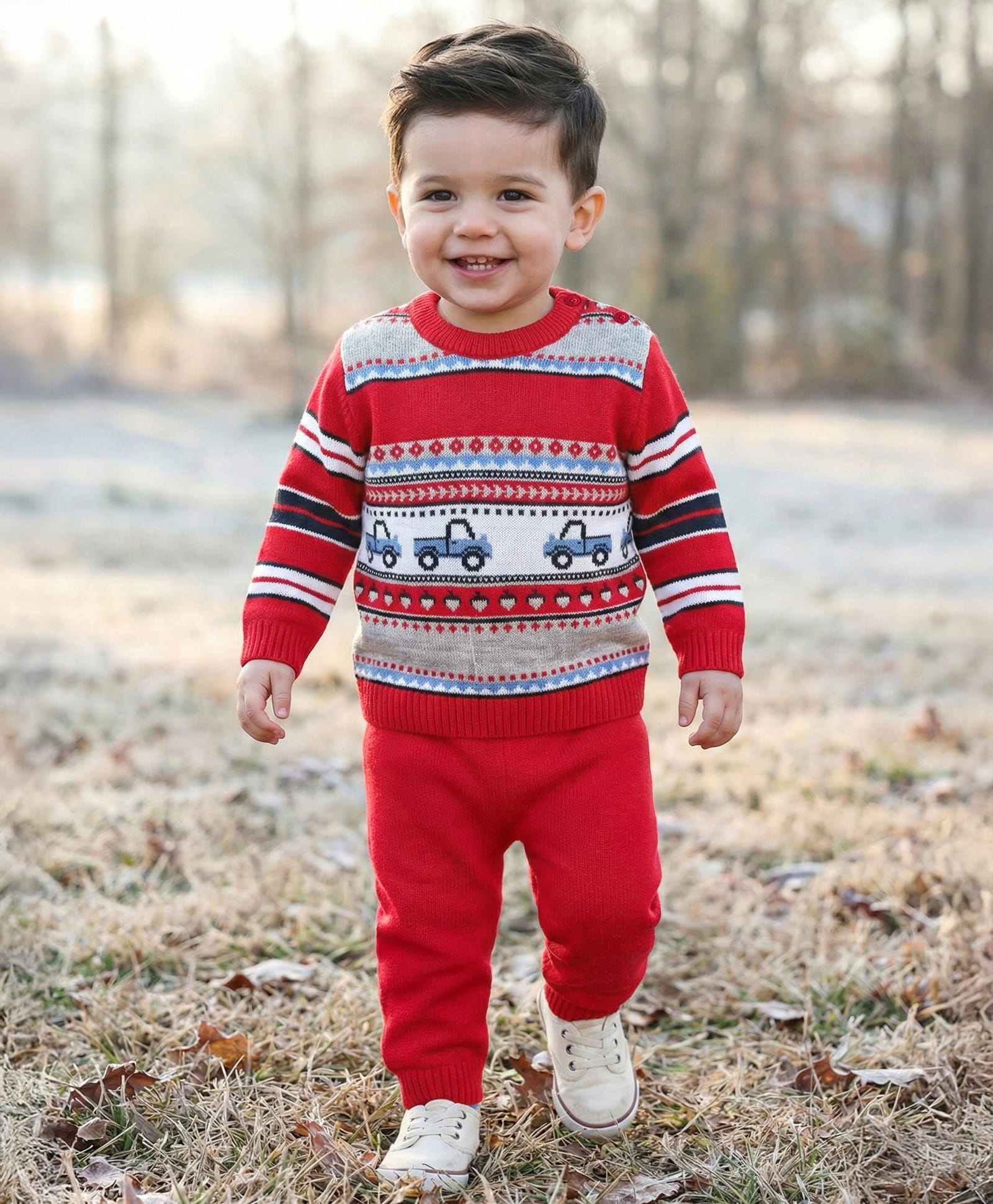 Babyhug Knit Full Sleeves Pullover Sweater Set With Vehicles Design - Red