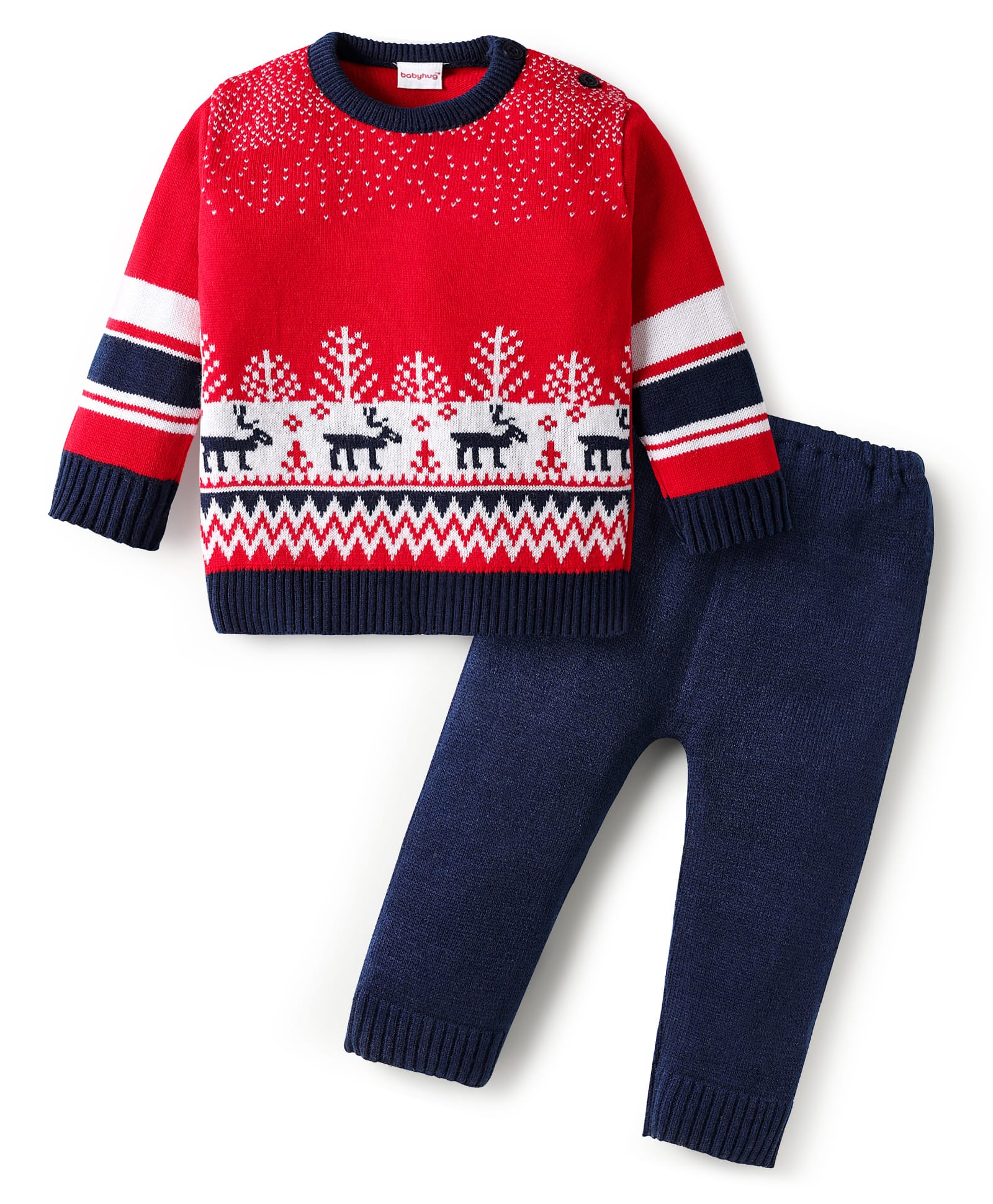 Babyhug Knitted Full Sleeves Pullover Sweater Set With Reindeer Design - Red & Navy Blue-image-24