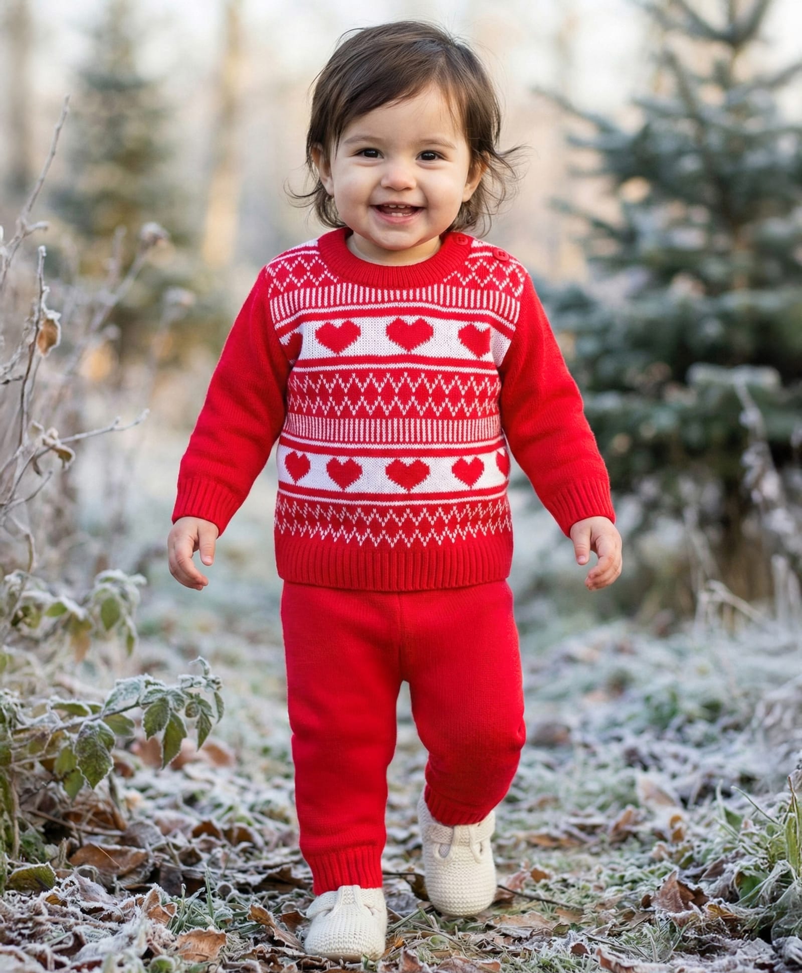 Babyhug Knitted Full Sleeves Sweater Set With Heart Design - Red