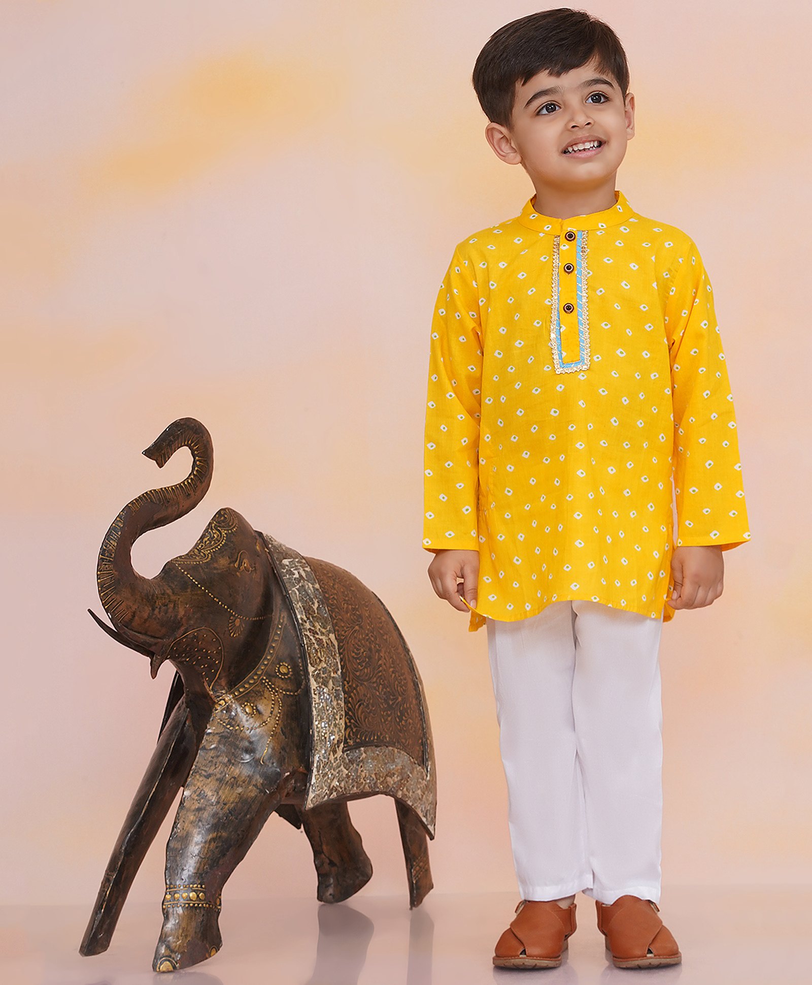 KID1 Cotton Full Sleeves Bandhani Printed & Lace Embellished Kurta Pyjama Set - Yellow-picture-22