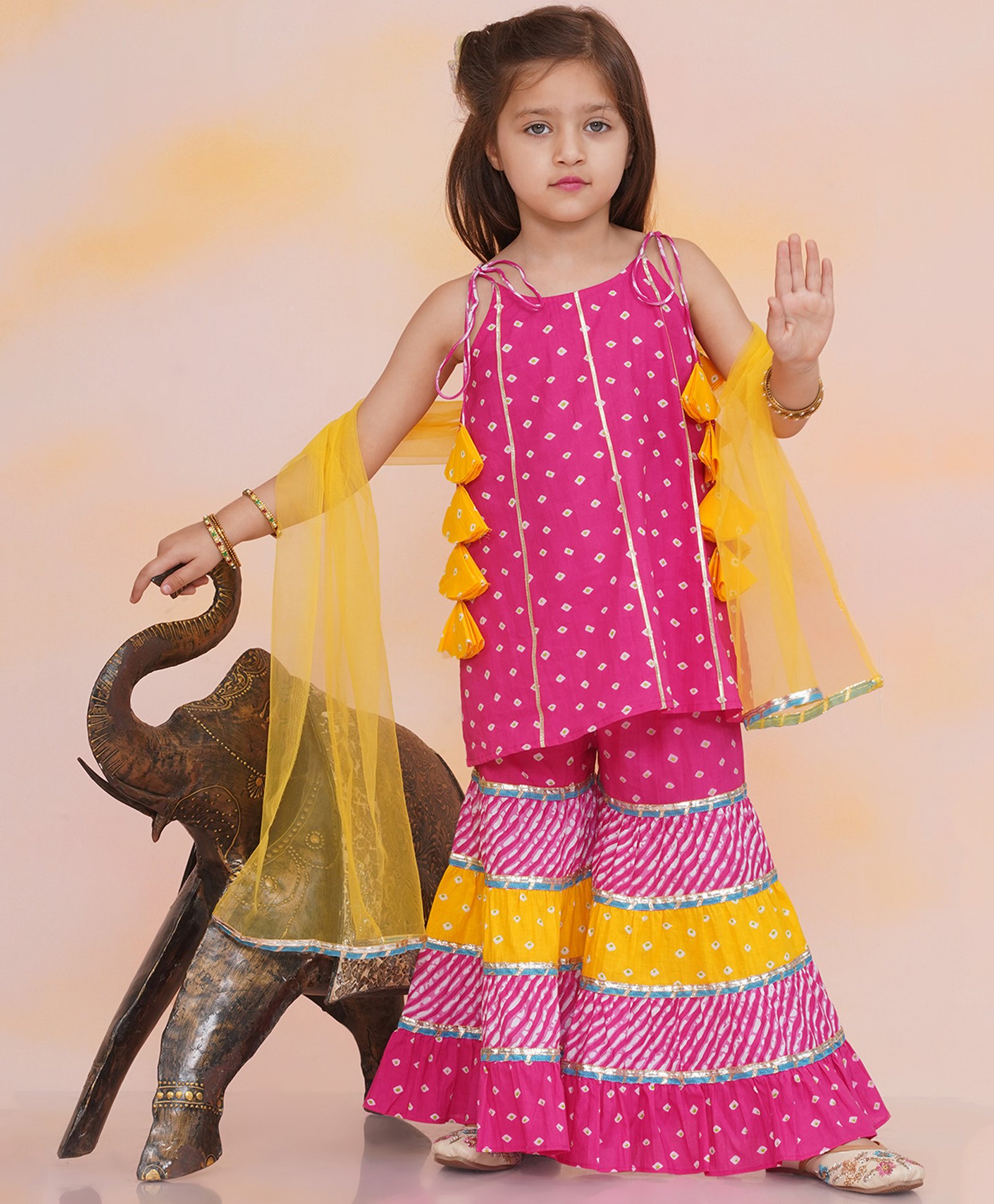 KID1 Cotton Sleeveless Bandhani Designed & Gota Lace Embellished Top & Sharara With Dupatta Set - Pink & Yellow-image-40