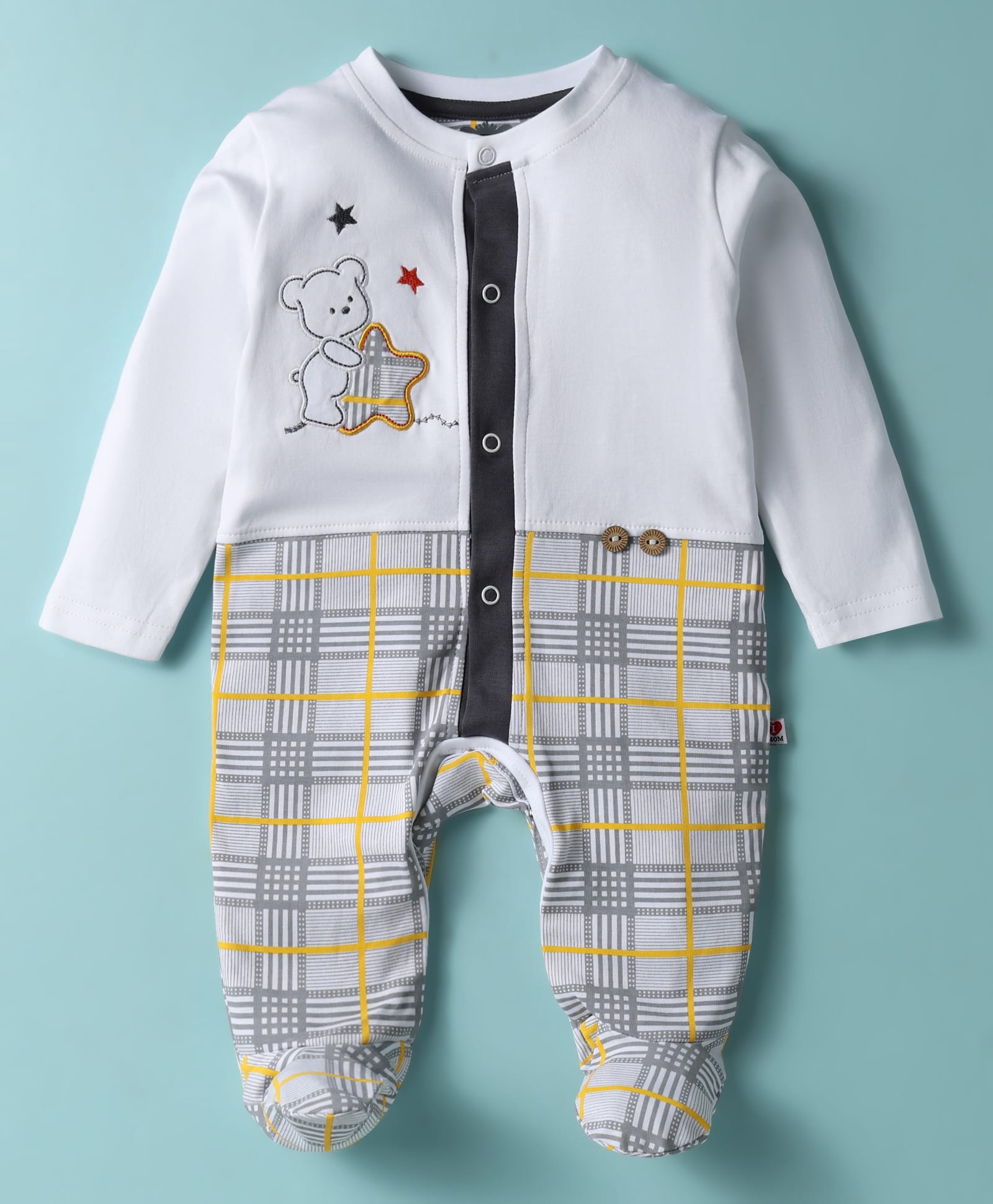Mini Taurus Interlock Knit Full Sleeves Footed Checks Romper With Animal Patch - Grey-picture-36
