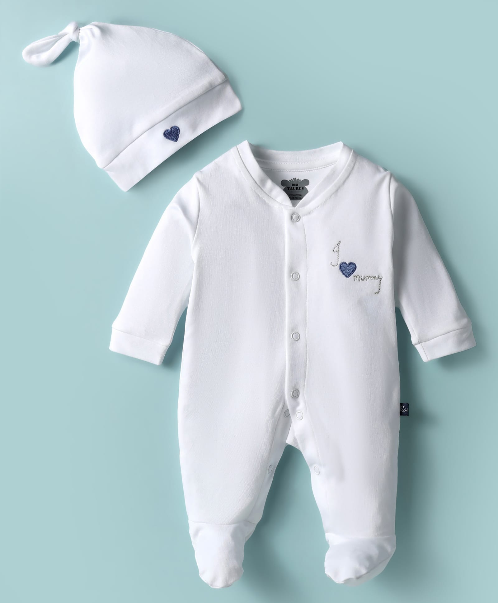 Mini Taurus Interlock Knit Full Sleeves Footed Romper with I love Mummy Embroidery & Cap - White & Blue-picture-35