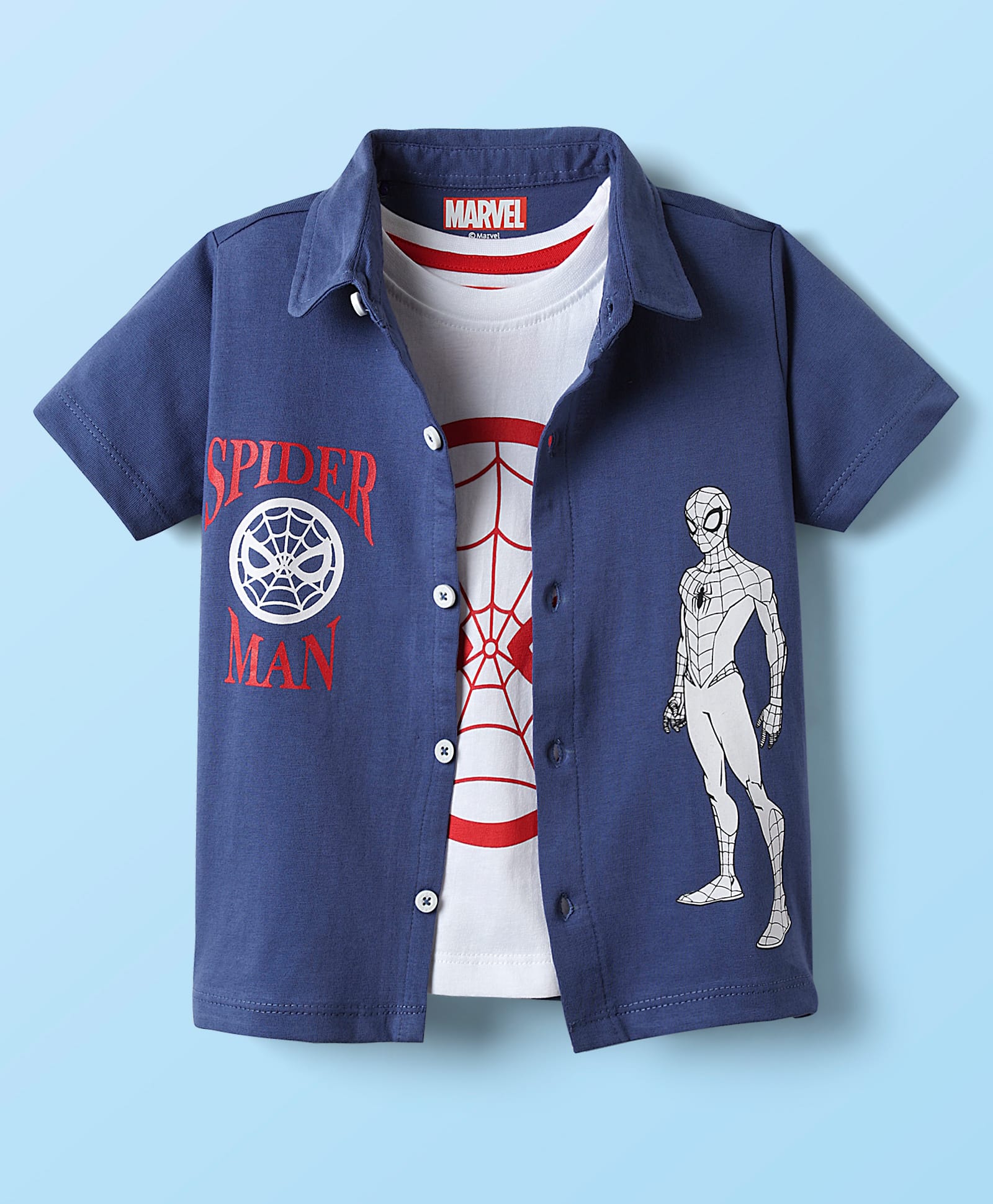 Babyhug Marvel Single Jersey Knit Half Sleeves Shirt & Sleeveless Vest Set with Spiderman Print - Navy Blue & White-picture-22