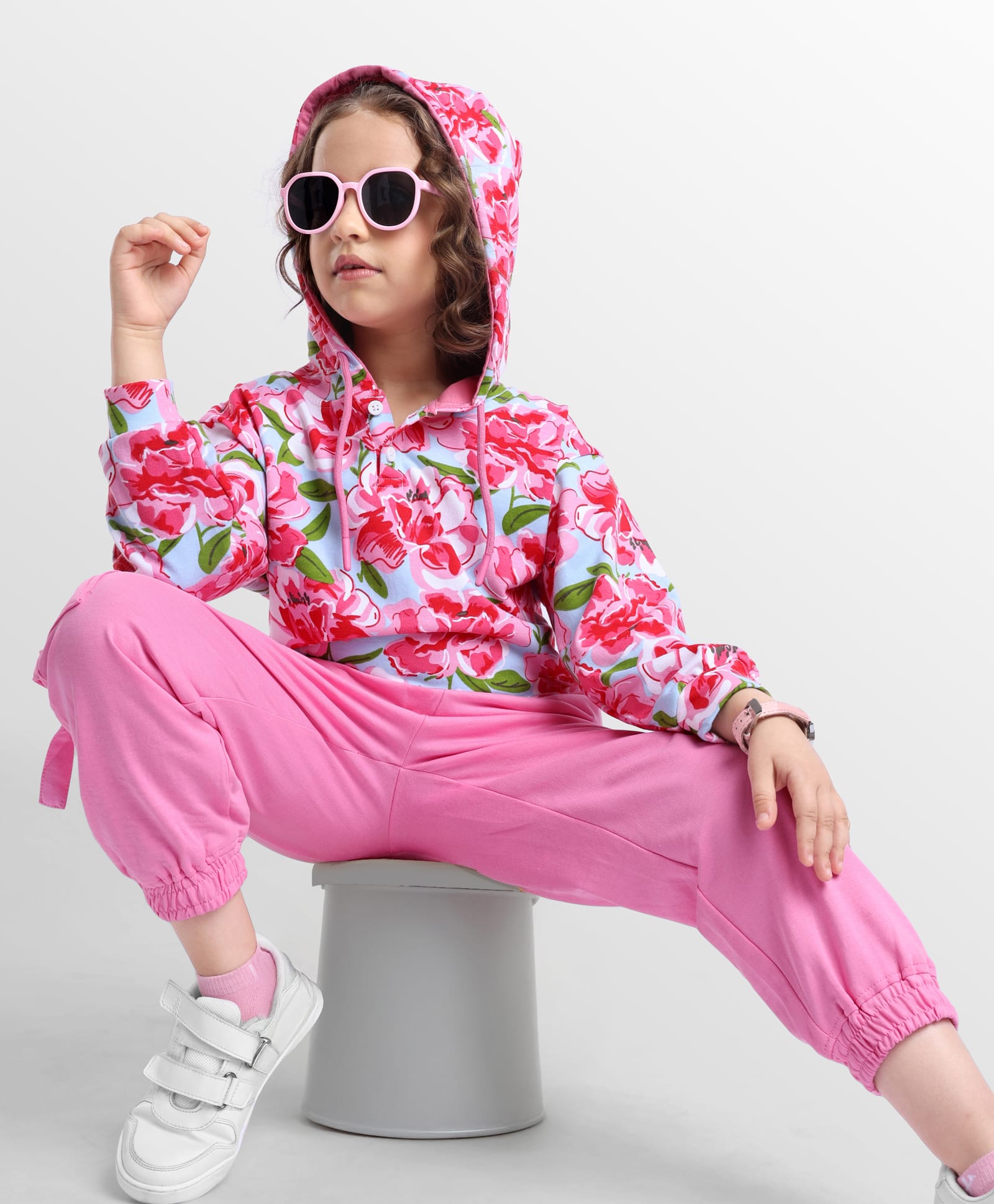 Ollington St. 100% Cotton Winterwear Set Of Floral Printed Full Sleeves Hoodie & Joggers - Pink-image-40