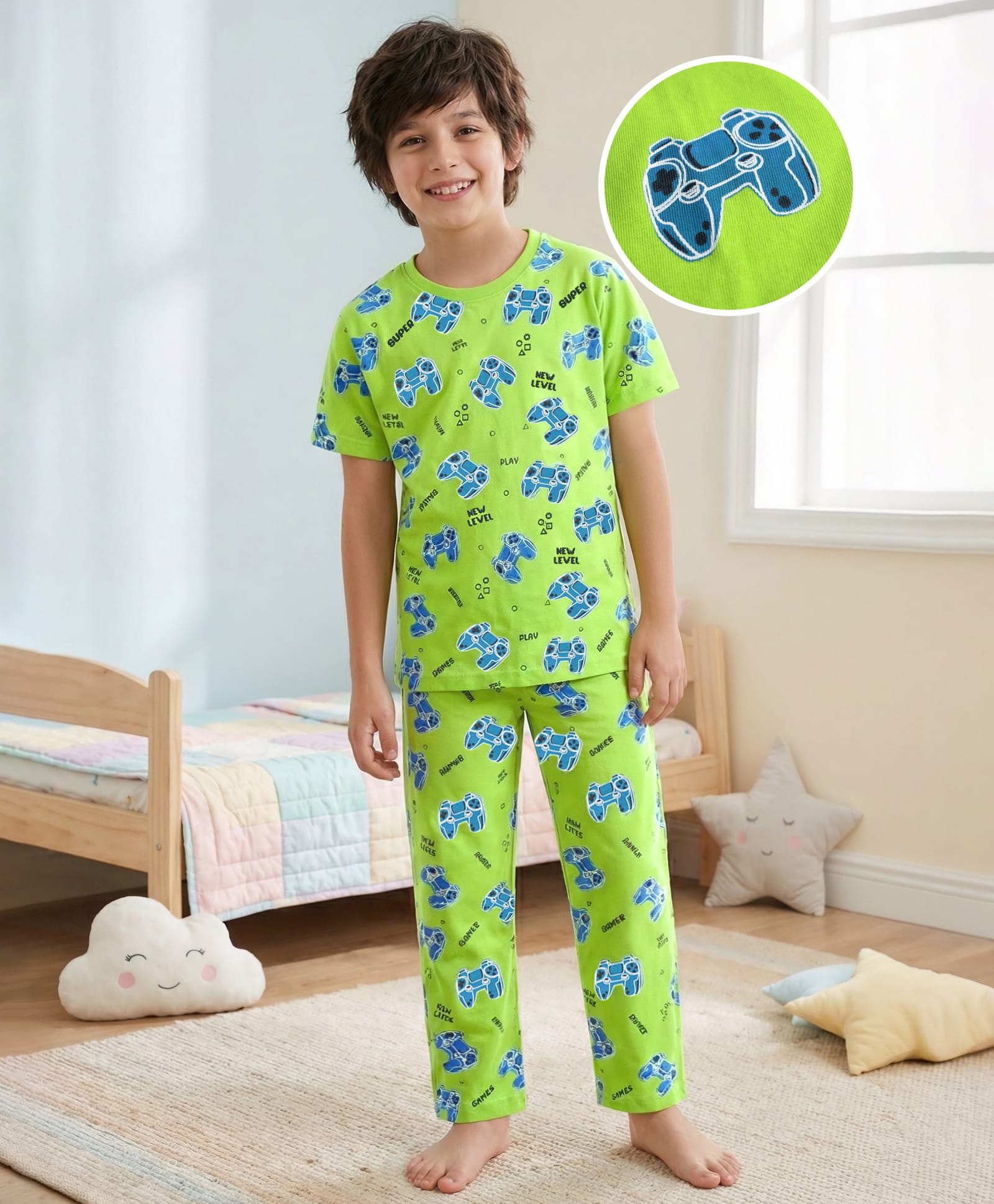 Pine Kids Single Jersey Knit Half Sleeves Co-Ord Night Suit With Gaming Print Theme - Limegreen