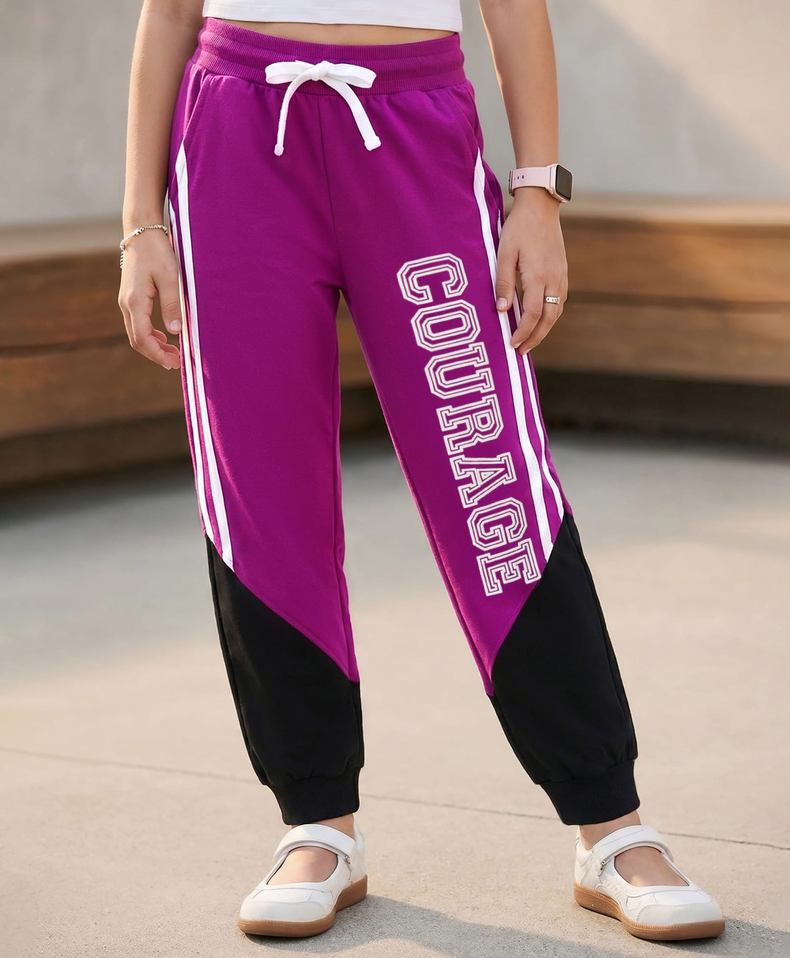 Pine Kids Cotton Knit Full Length Lounge Pant With Text Print & Tape Detailing - Violet-picture-19