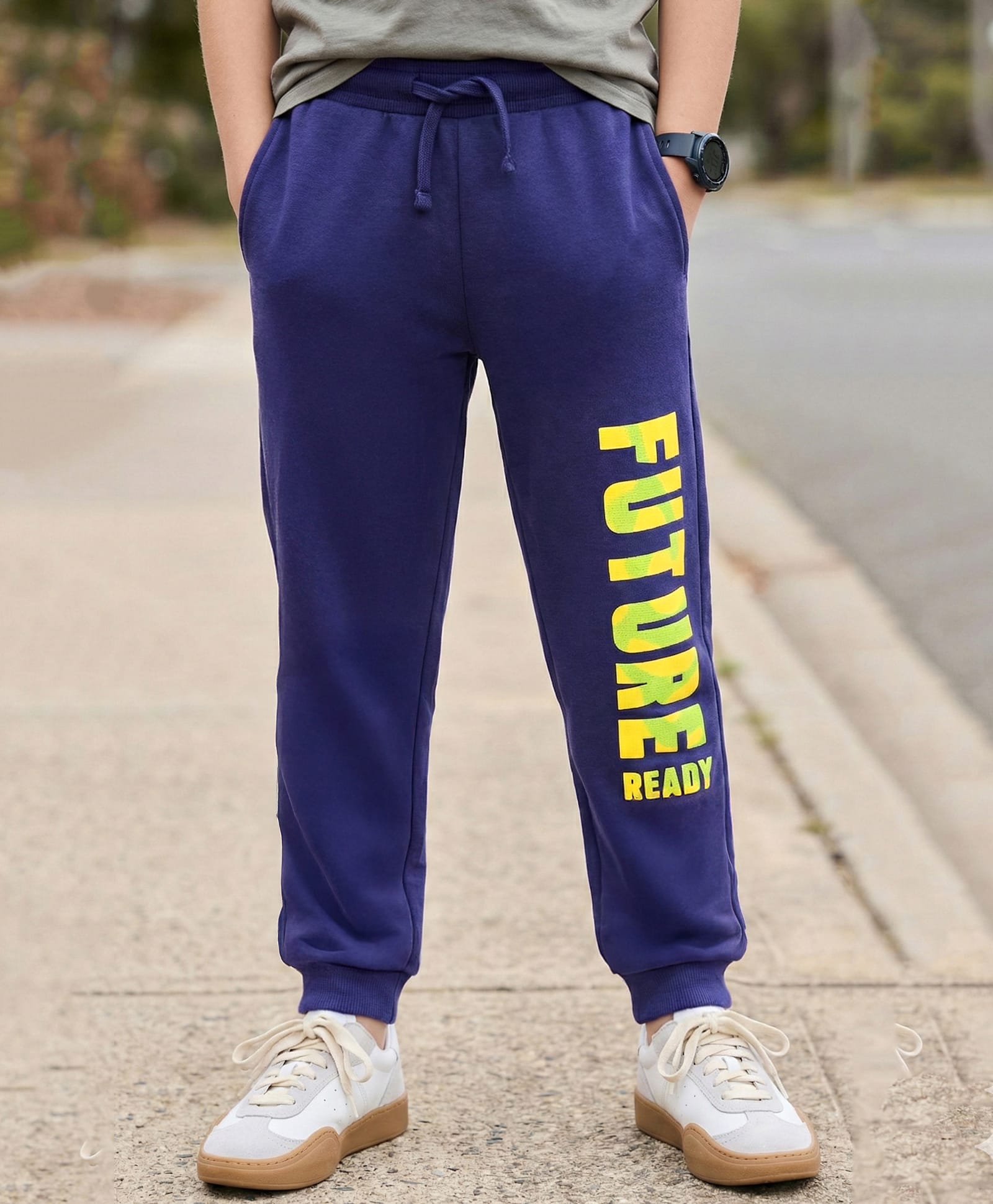 Pine Kids Cotton Knit Full Length Lounge Pants With Future Ready Text Print - Navy Blue