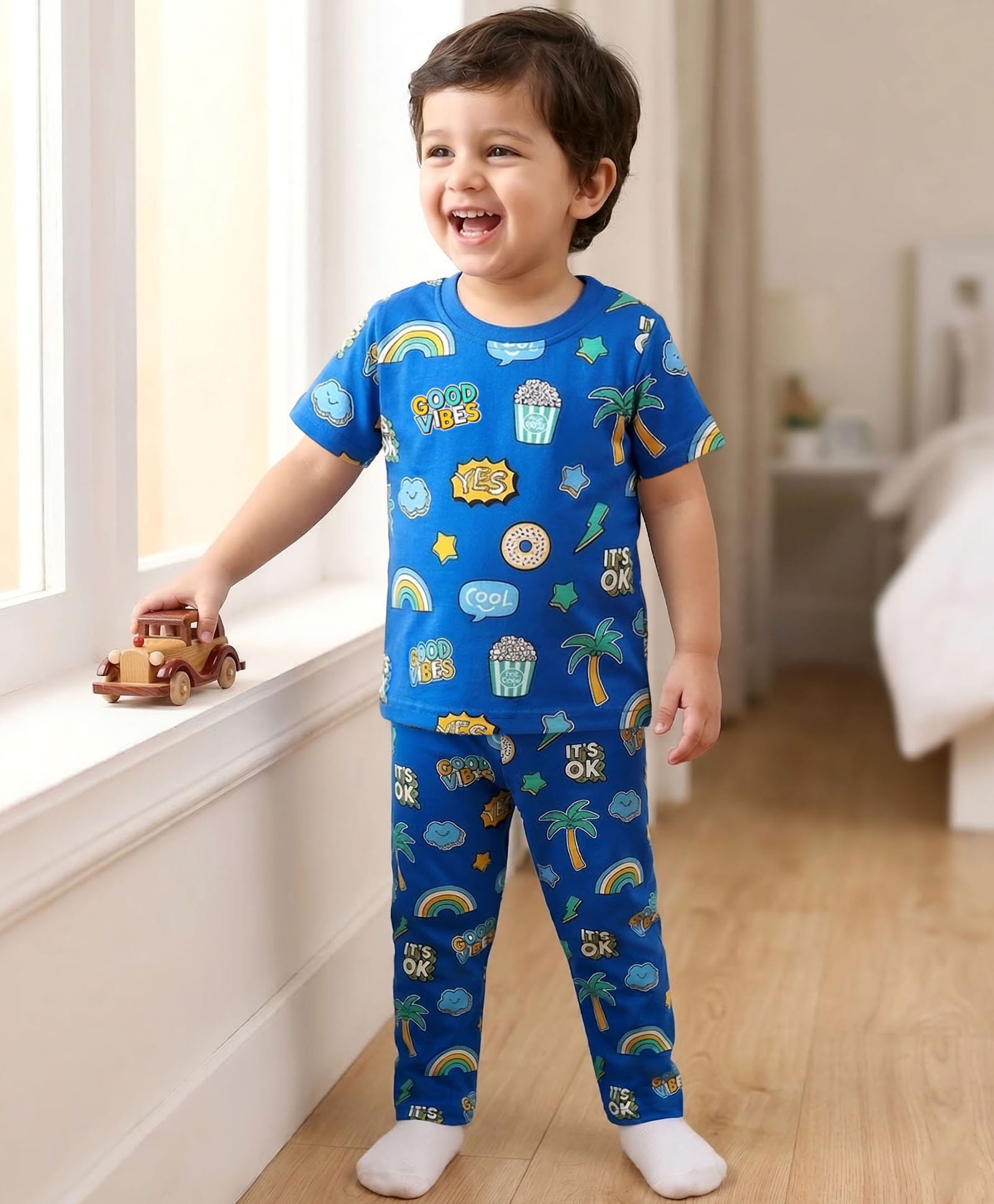 Babyhug Cotton Knit Half Sleeves Co Ord Night Suit with Funky Print - Blue-image-15