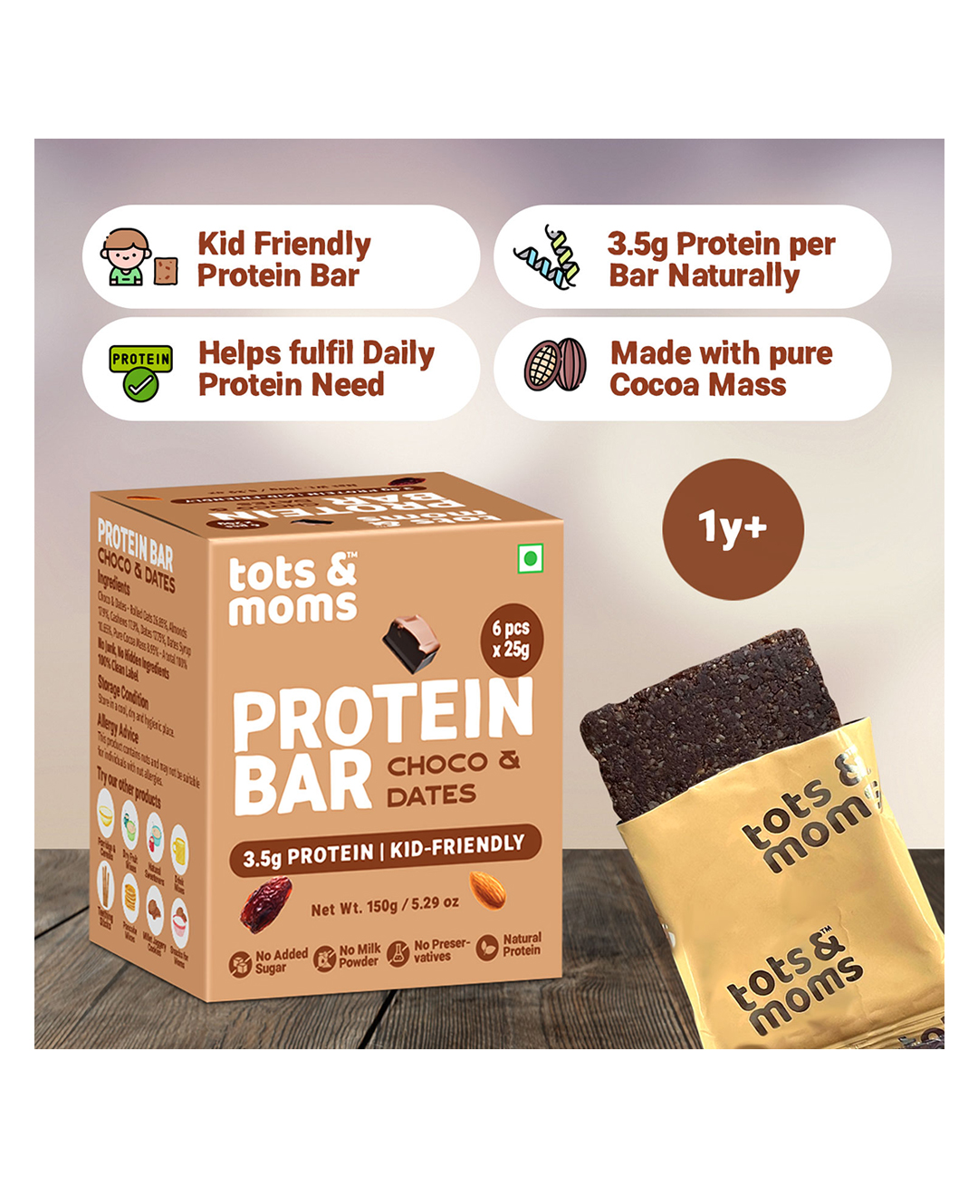 Tots & Moms Kids-Friendly Protein BarChoco & Dates (25g x 6) | 3.5g Protein per Bar | Antioxidant-Rich Cocoa & High-Fiber Oats | No Maida, Refined Sugar, or Preservatives-image-26