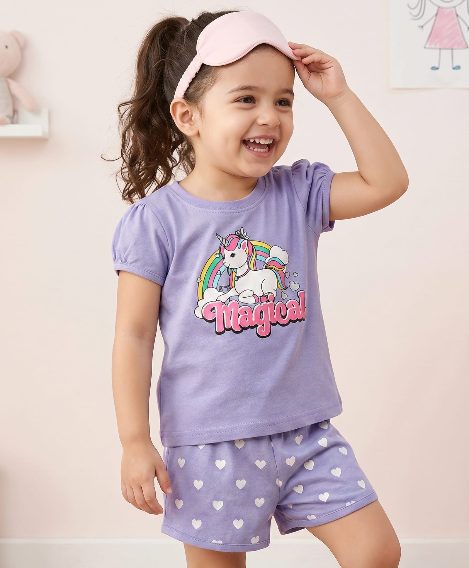 Babyhug Cotton Knit Frill Sleeves Shorts Night Suit With Unicorn Print - Lavender-picture-14