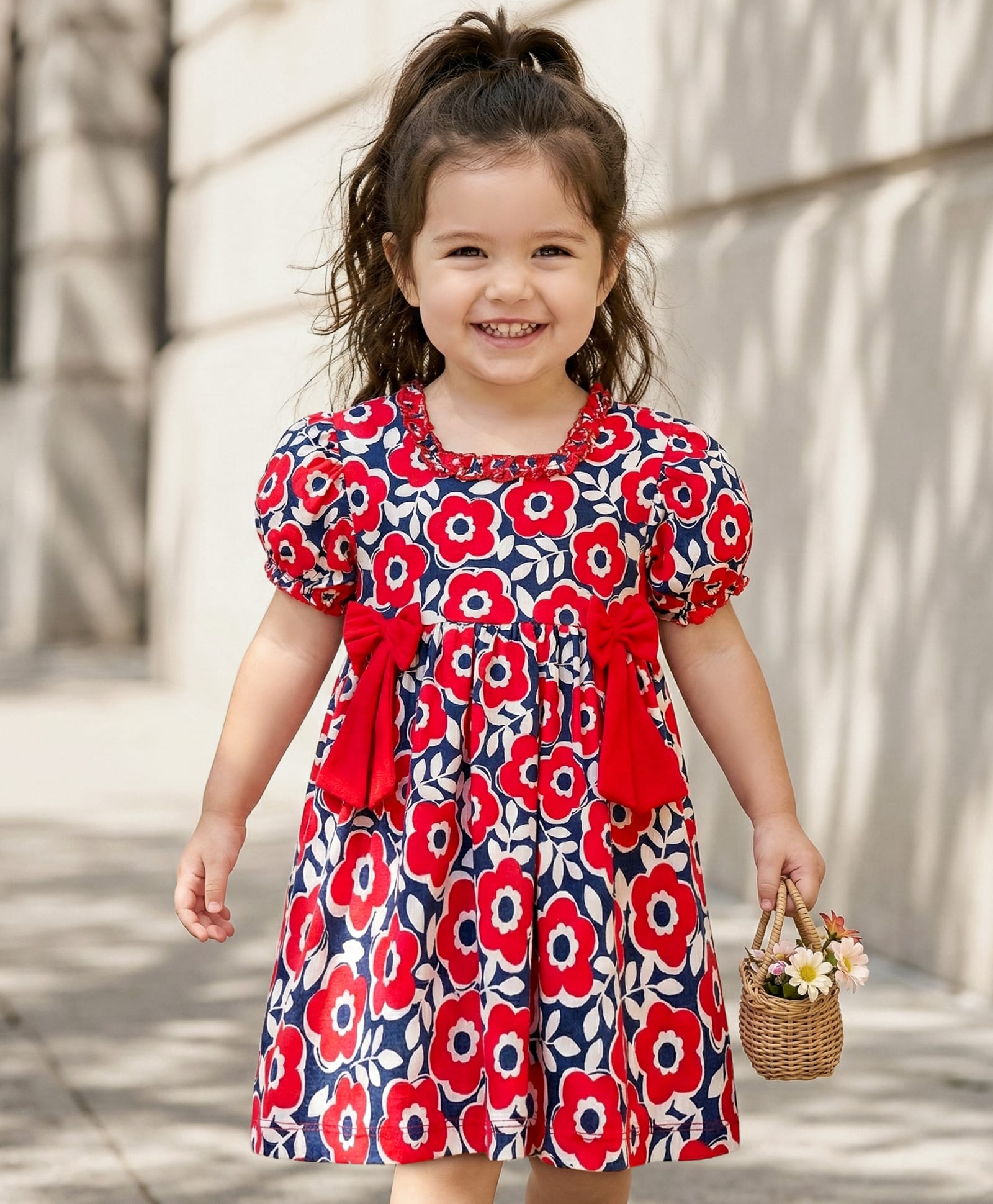 Babyhug Single Jersey Knit Half Sleeves Frock With Floral Print & Bow Applique - Multicolor-image-24