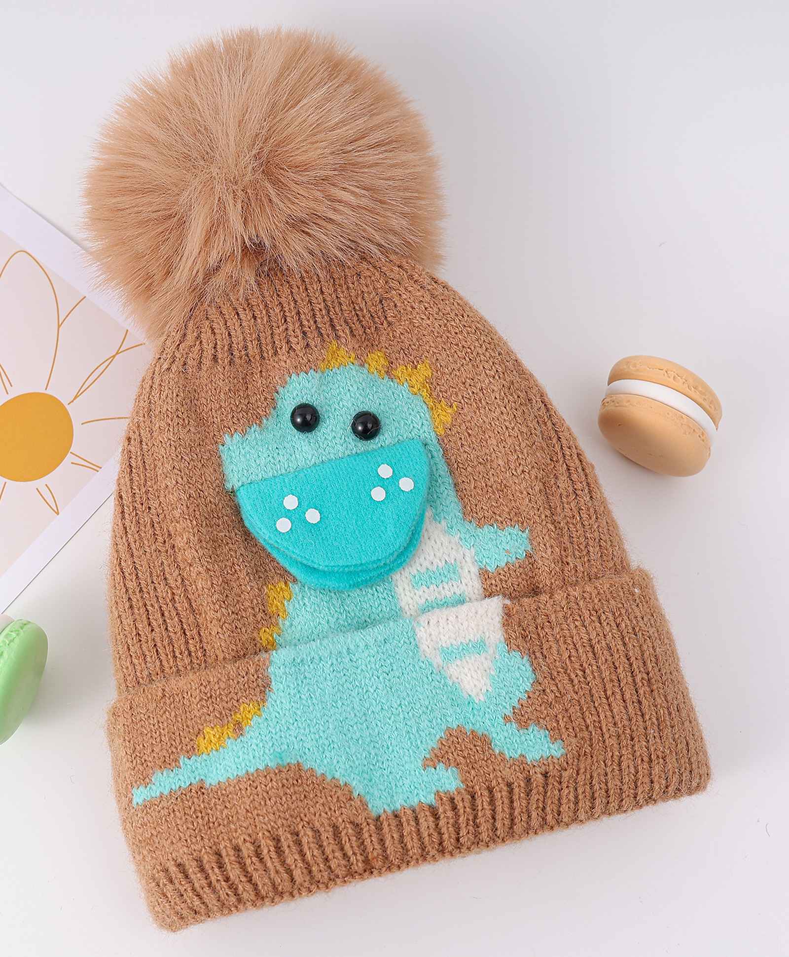 Babyhug Woollen Cap with Dino Design & Bobble Applique Brown & Light Blue - Diameter 10 cm-image-14