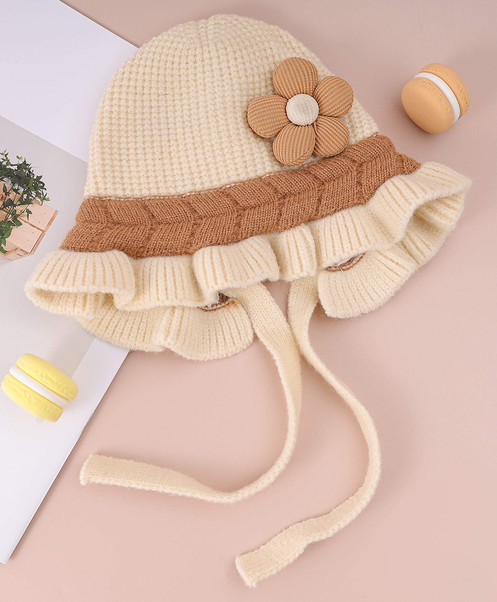 Babyhug Woollen Cap with Knot & Floral Applique Cream - Diameter 11 cm-image-28
