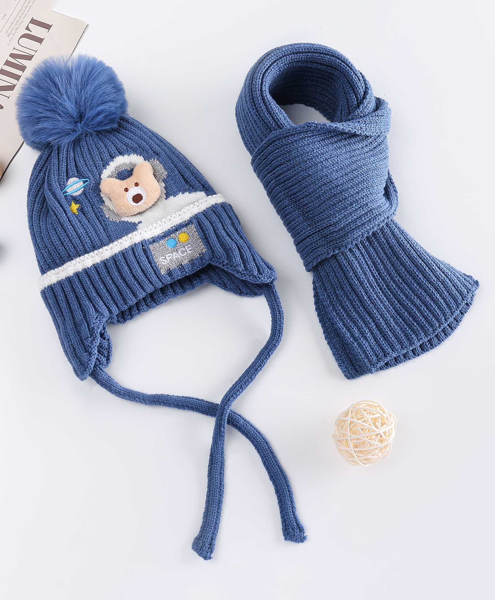Babyhug Wollen Cap & Muffler Set With Space Theme Design & Bear Applique Blue - Diameter 13 cm-image-28