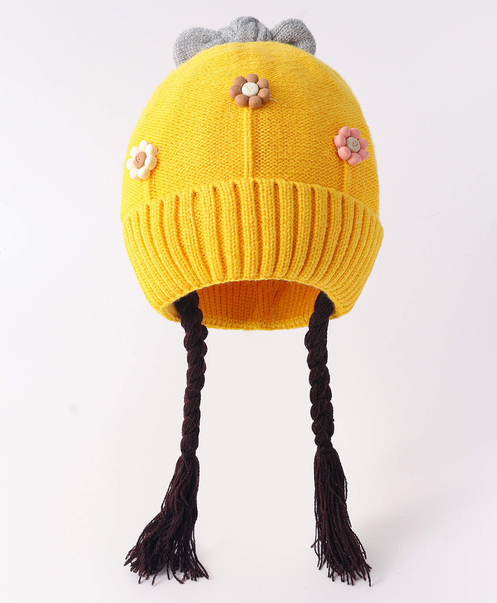 Babyhug Woolen Cap with Bow & Braids Floral Applique Yellow - Diameter 14 cm-picture-18