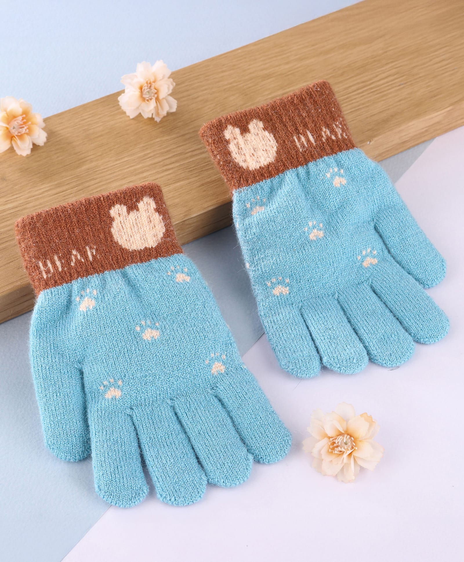 Babyhug Gloves with Bear Design - Light Blue