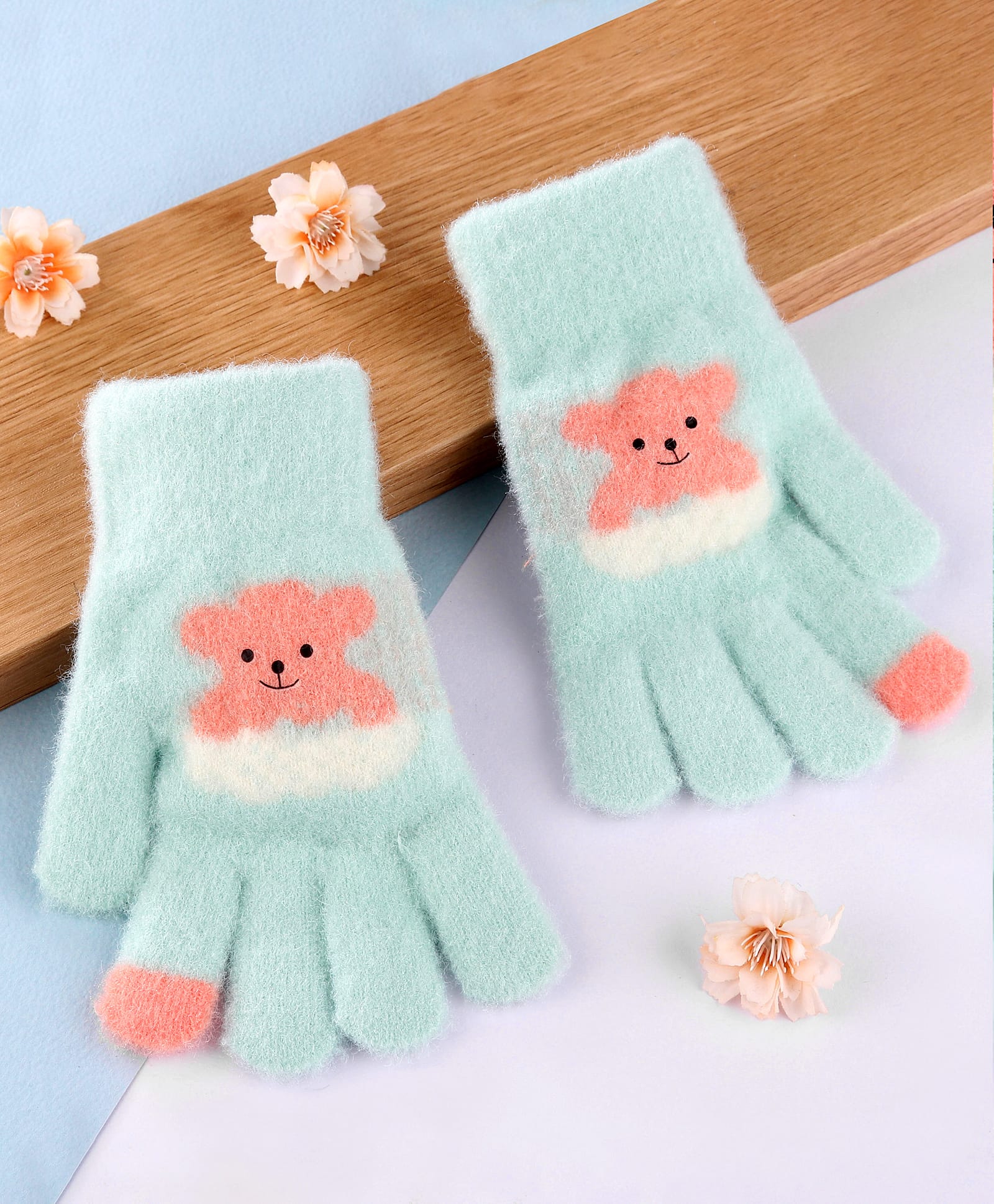 Babyhug Gloves with Bear Design - Sea Green