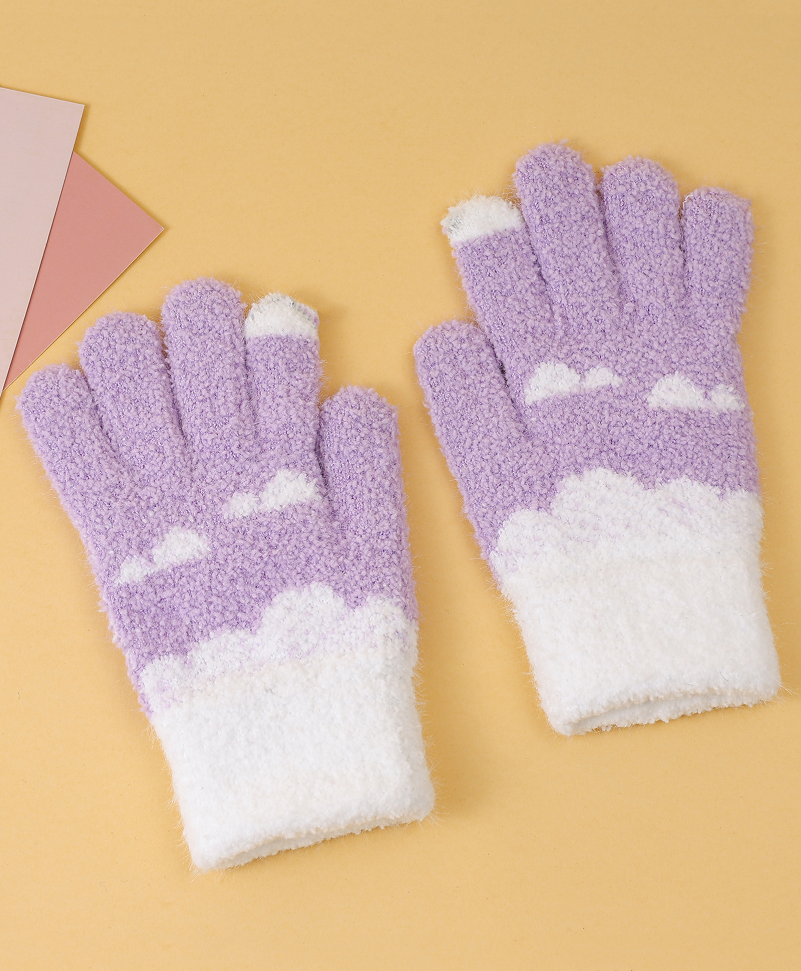 Pine Kids Fur Gloves With Clouds Design - Purple & White