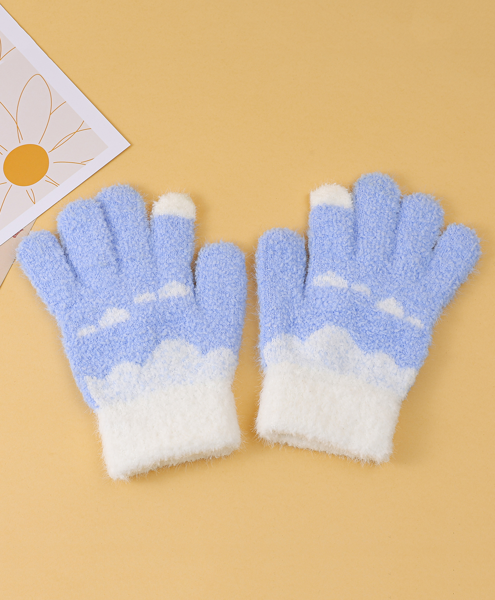 Pine Kids Fur Gloves With Clouds Design - Blue & White-picture-23